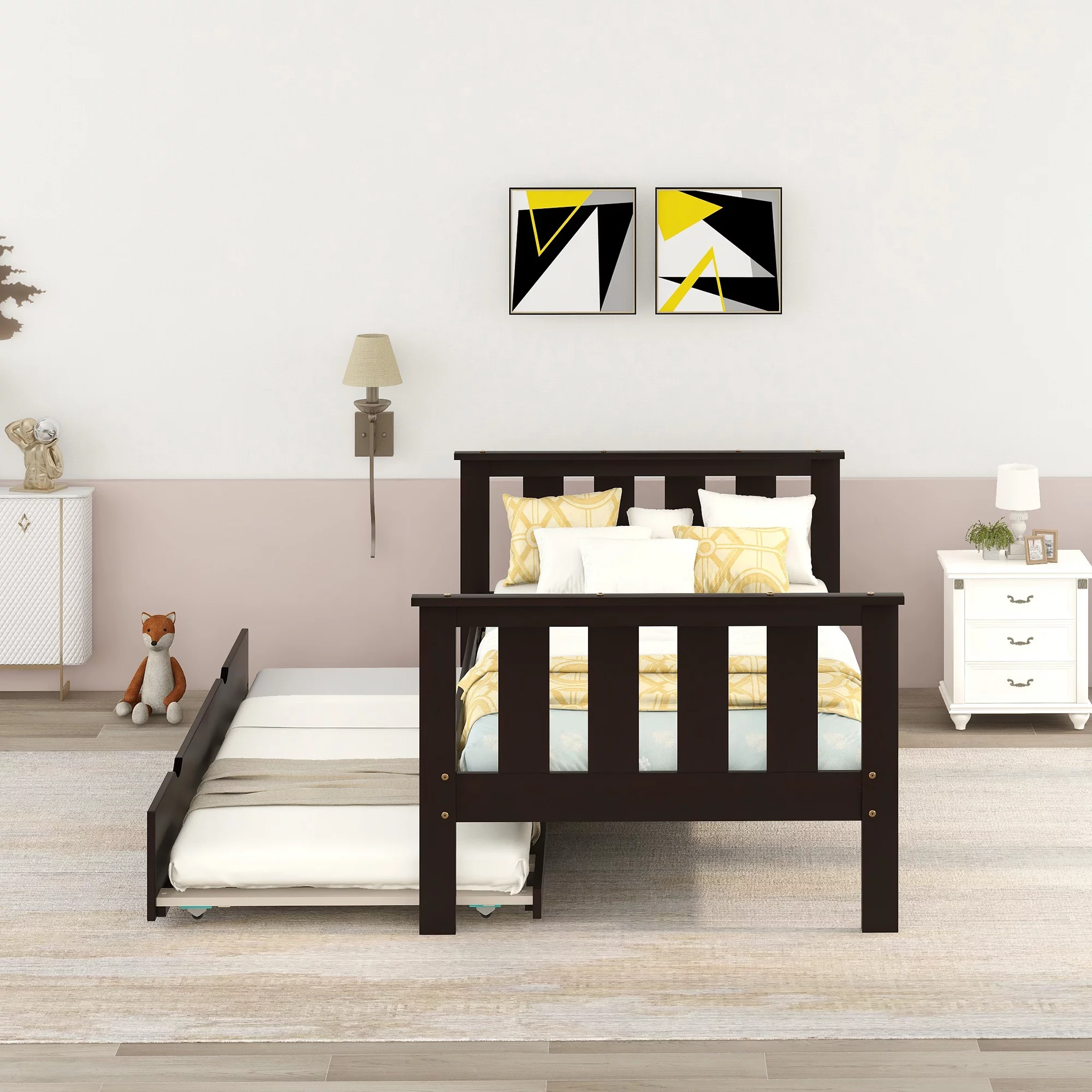Twin Bed Frame Wood Twin Platform Bed with Pull Out Trundle, Espresso