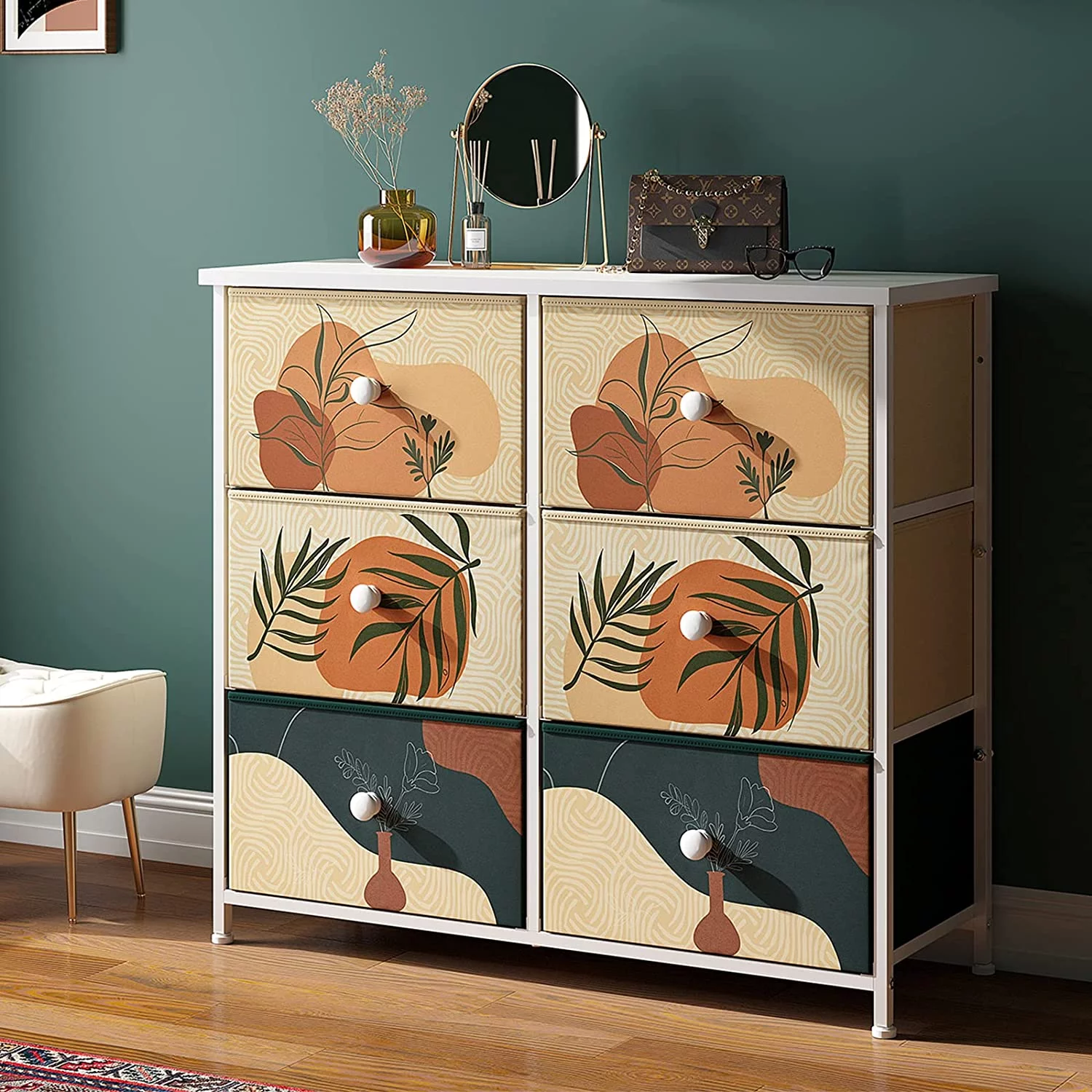 Dresser for Bedroom, with 6 Drawers, Chests of Drawers for Closet, Fabric Dresser with Wood Top and Metal Frame,