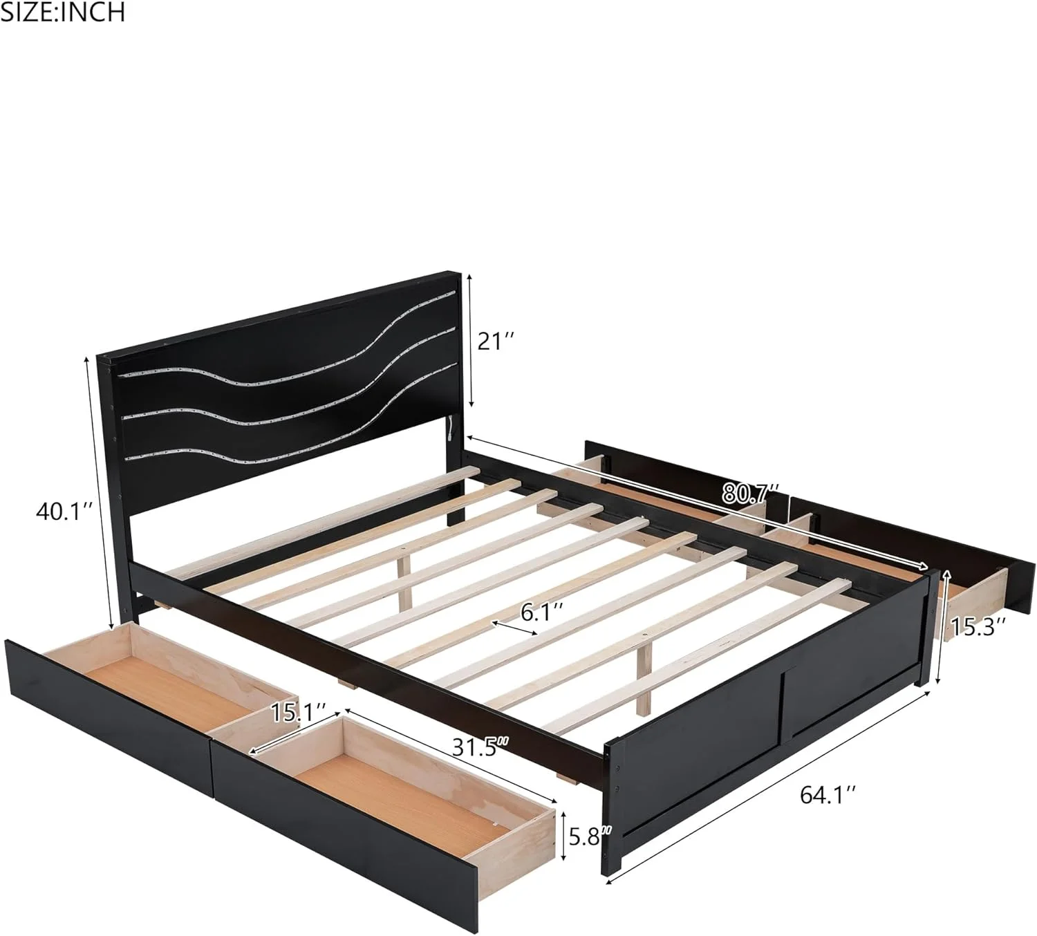 Queen Storage Bed Wood Platform Bed With LED And 4 Drawers, Queen Bed Frame With Headboard For Kids Teens Adults (Queen Size, Black)