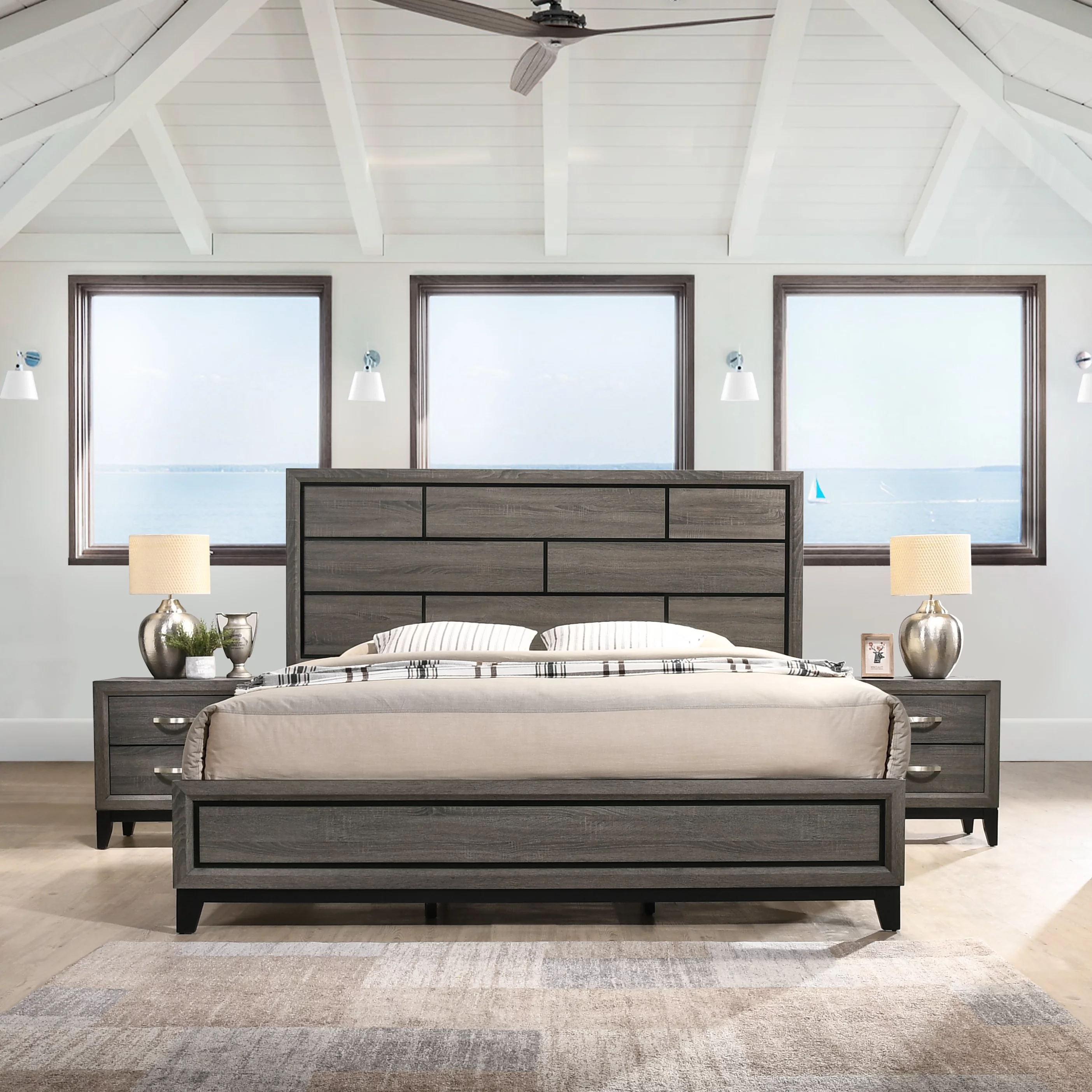 Stout 3-Piece Panel Bedroom Set with Queen Bed and Two Nightstands, Gray