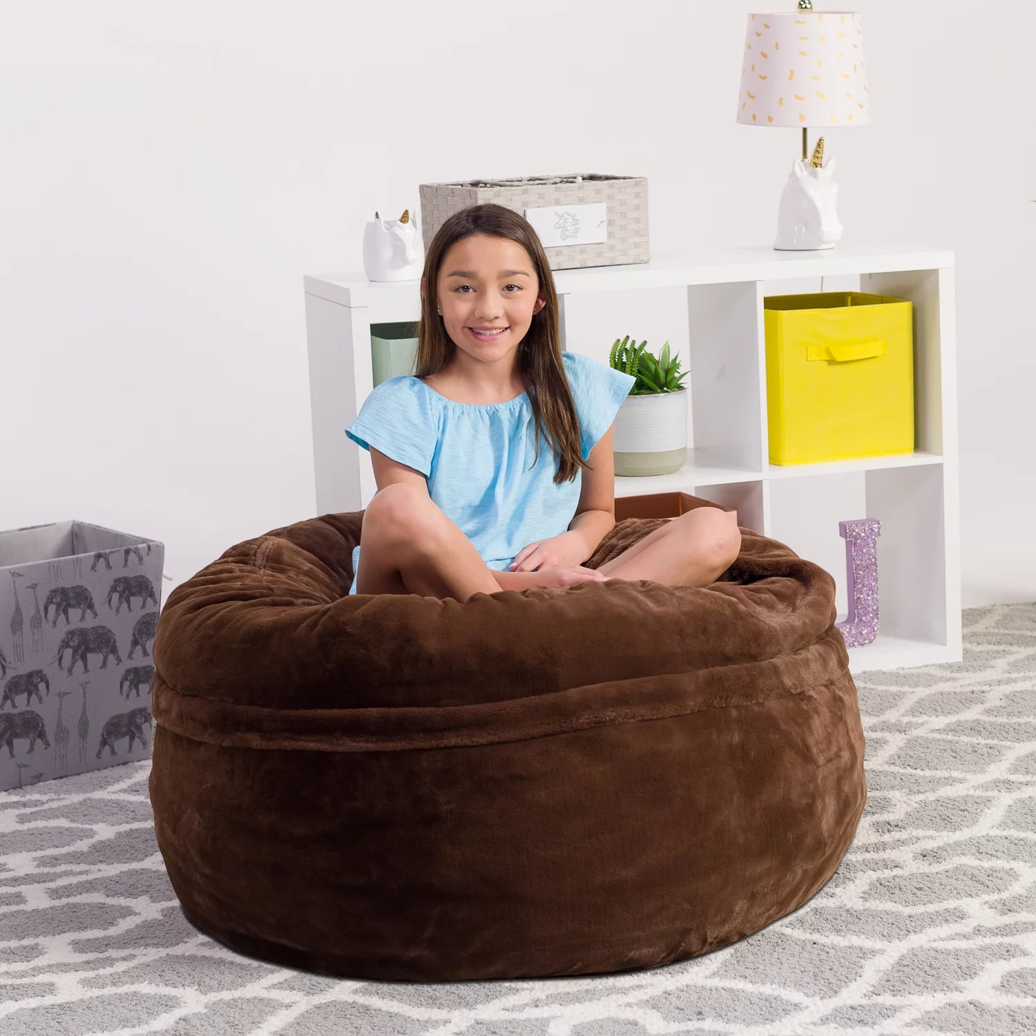 Chill Sack Bean Bag Chair, Faux Rabbit Fur with Memory Foam Fill, 4 ft, Brown