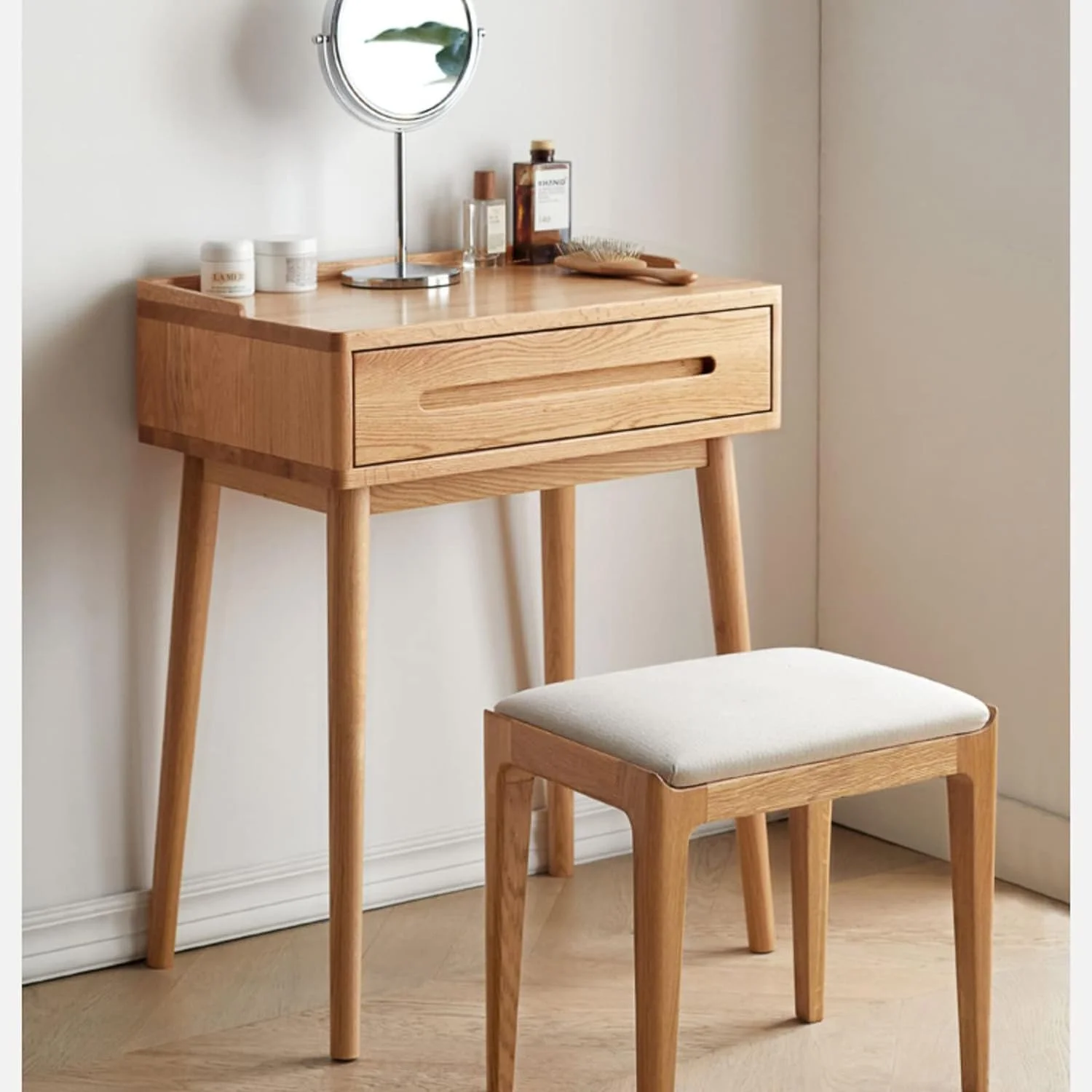 RUNFAYBIU 100% Solid Oak Wood - Mid Century Modern Vanity Desk with Drawer for Bedrooms Living Room - Tall Nightstand - Natual Wood Color