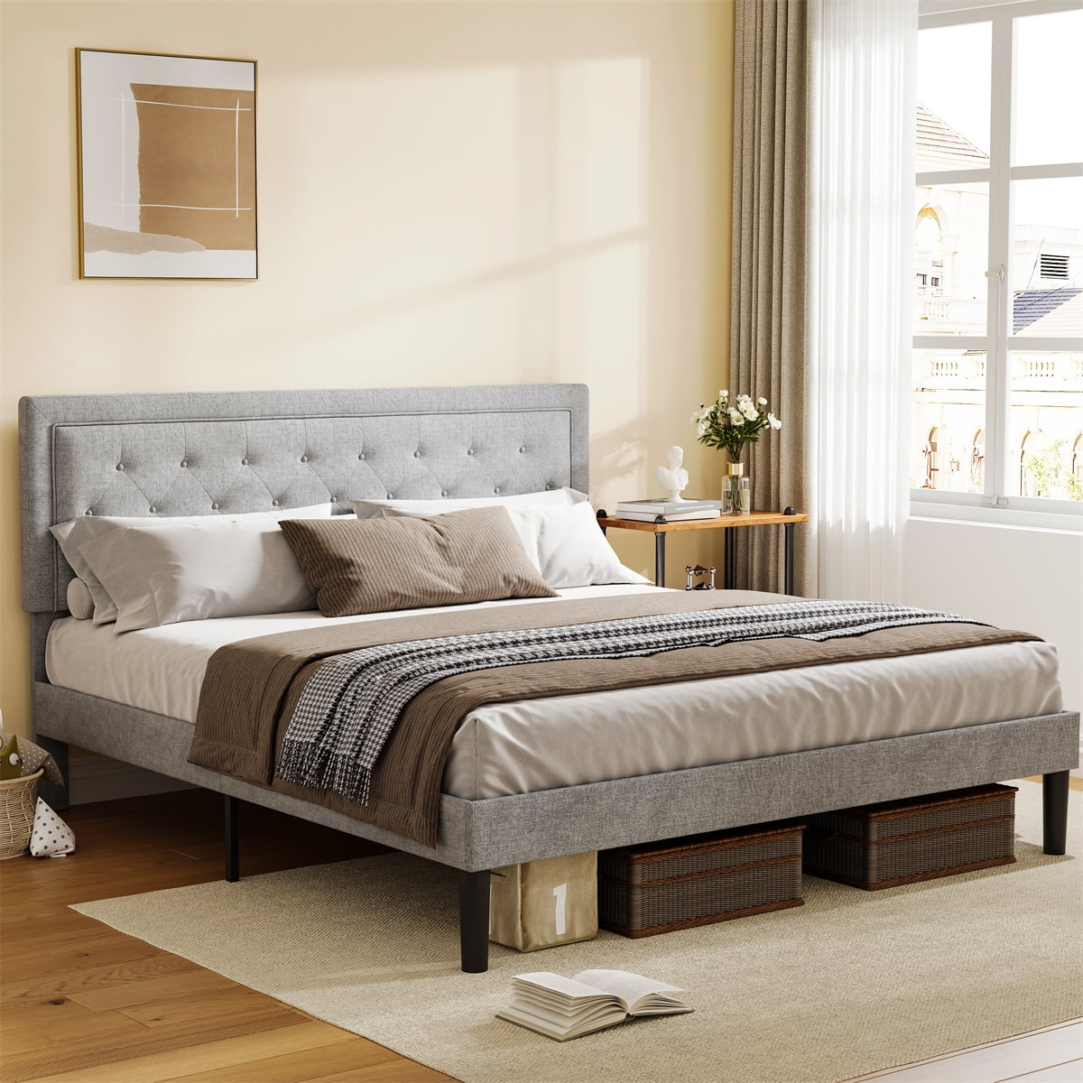 Upholstered Metal Platform Bed with Adjustable Border Headboard Queen Size
