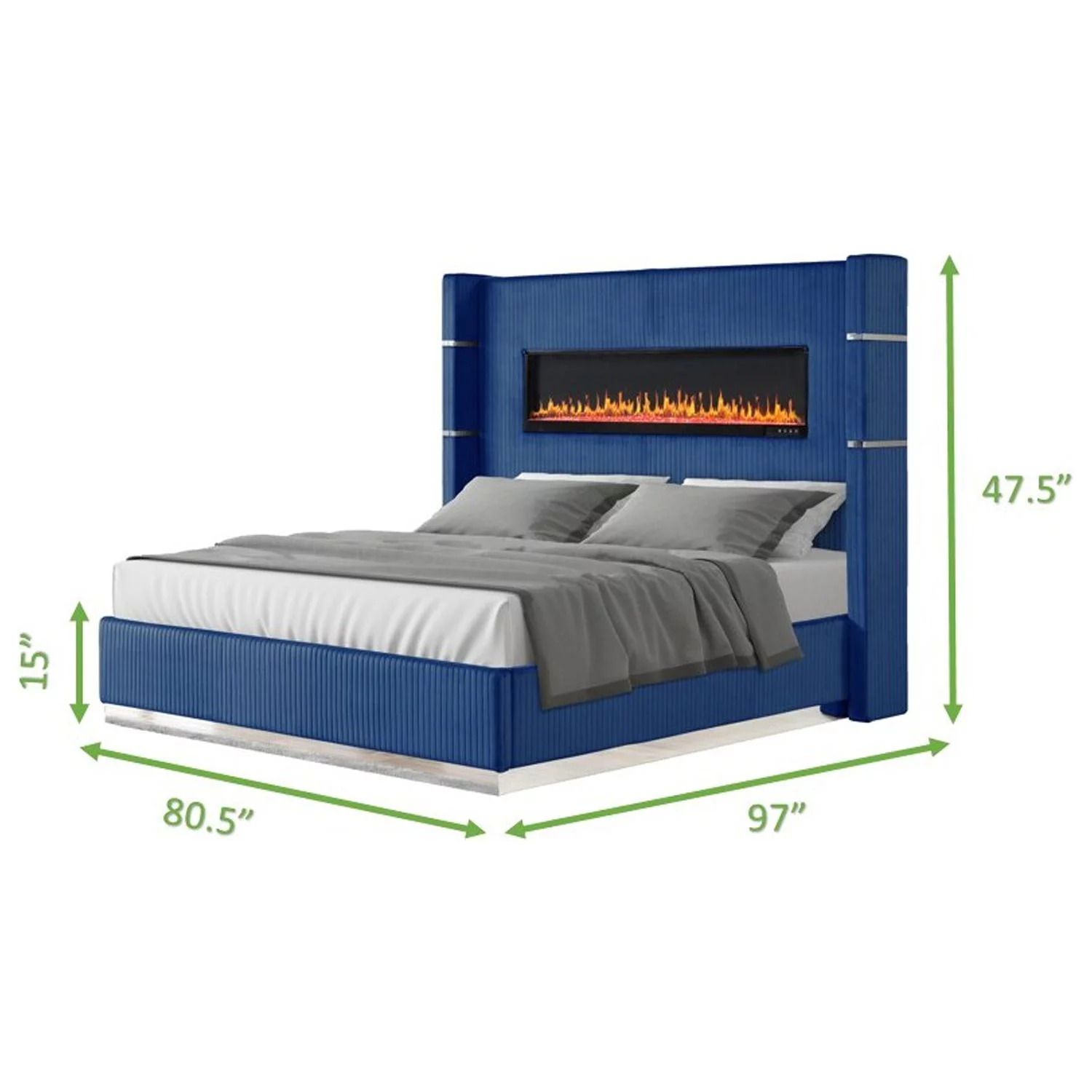 Galaxy Home Furnishings Lizelle Upholstery Wooden King Bed with Ambient lighting in Blue Velvet Finish