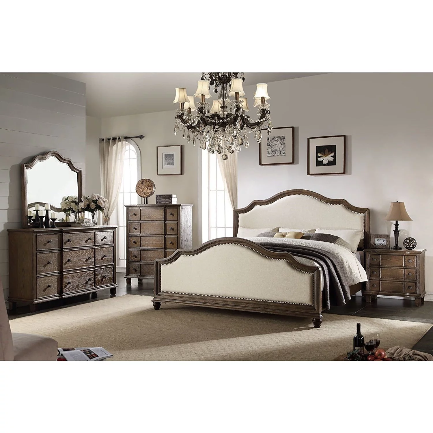 HomeRoots 285904 59 x 88 x 66 in. Baudouin Queen Size Bed Beige Linen & Weathered Oak