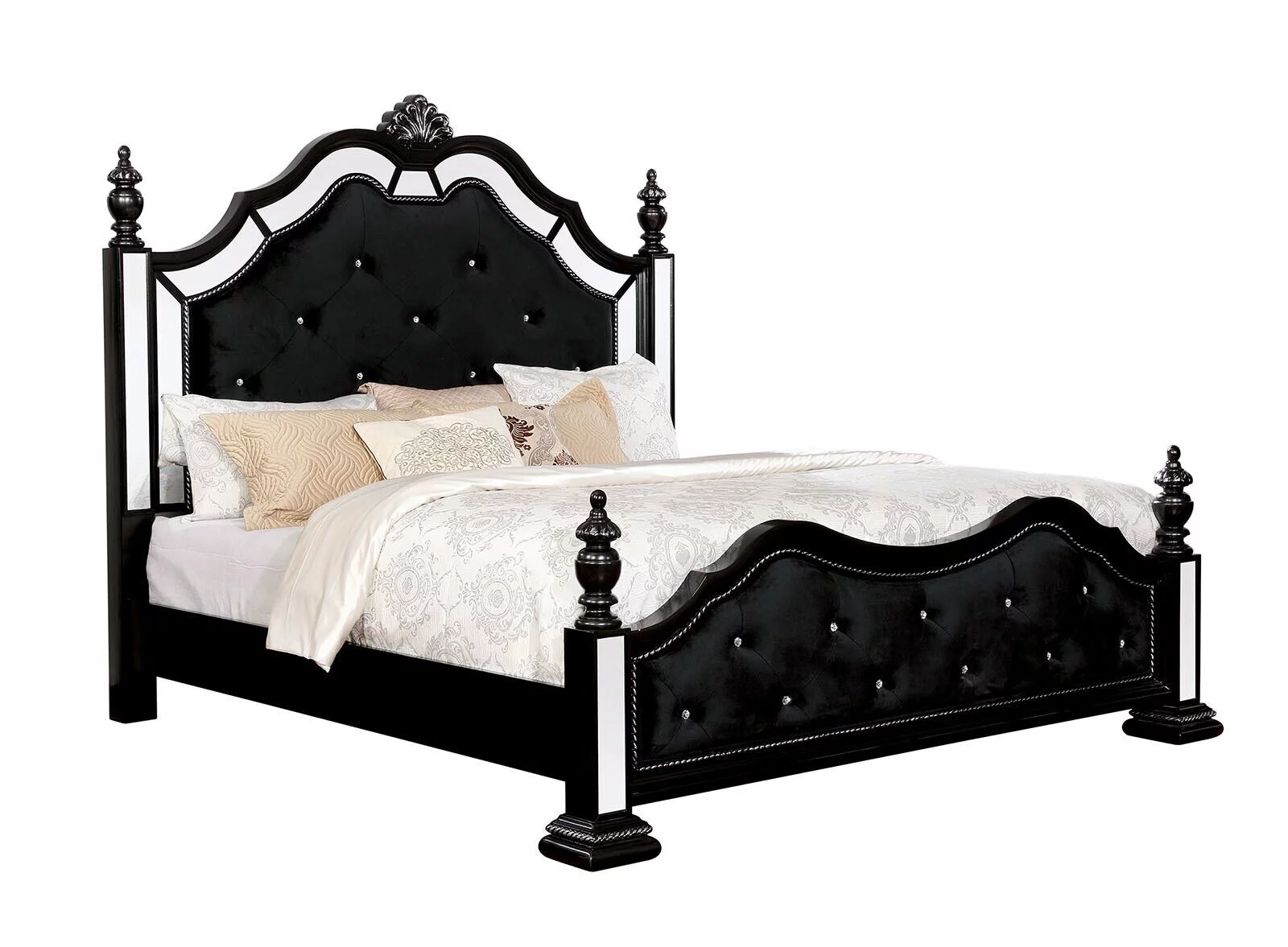 Est King Size Bed Mirror Trim Tufted Padded HB FB Posts Black Fabric 1pc Bed Frame Formal Bedroom Furniture Faux Wood Carving