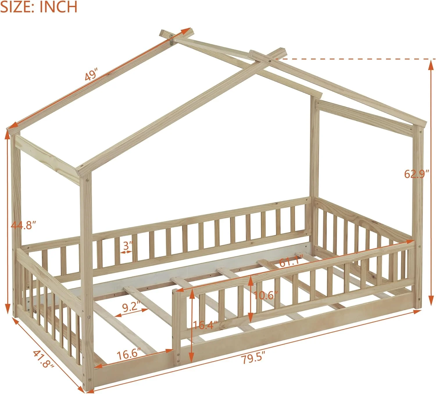 Size Wood Floor Bed Frame, House-Shaped Bed Daybed With Fece, For Kids Tees Girls Boys,atural