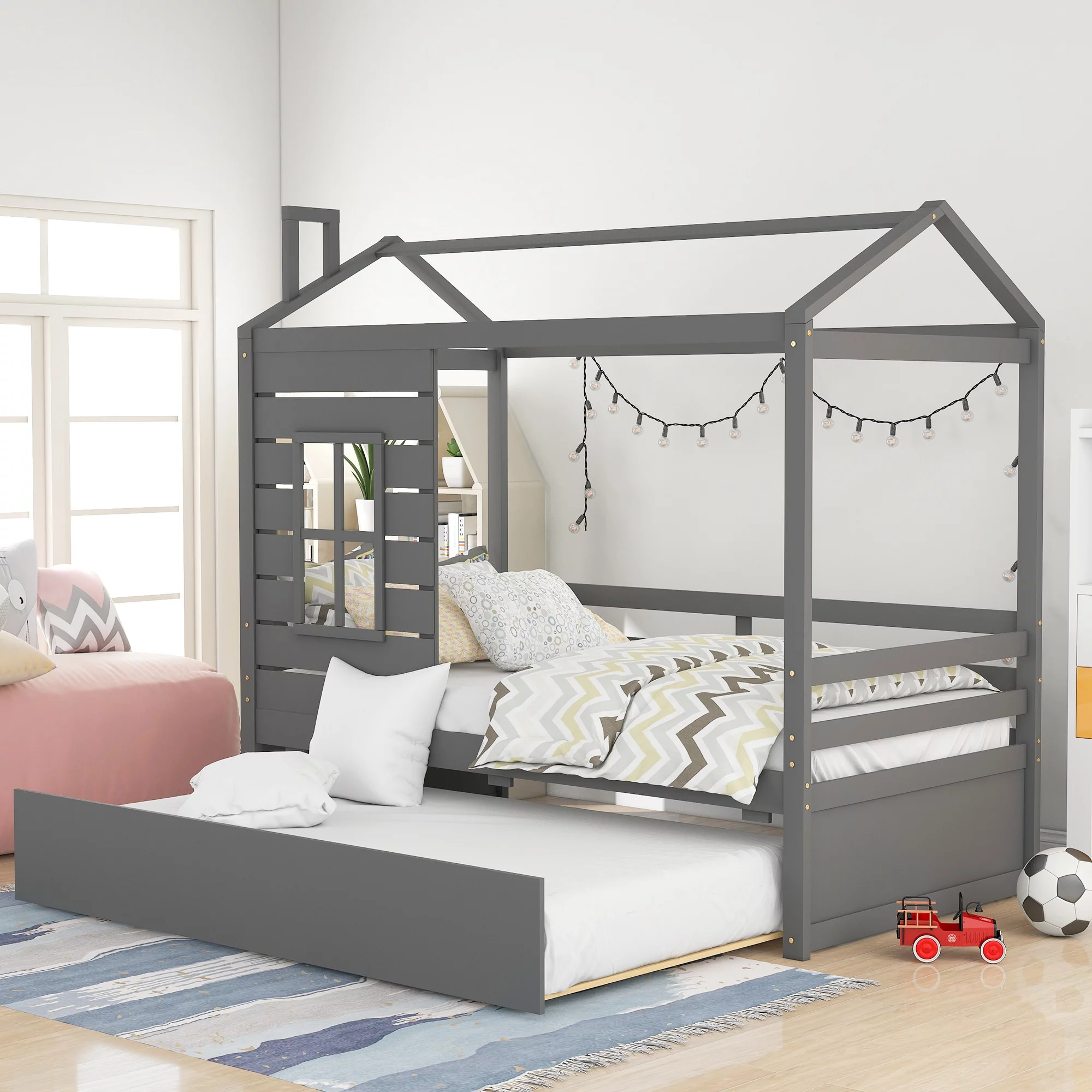 Nestfair  Twin Size House Style Wood Bed with Trundle Natural