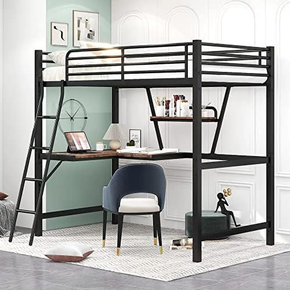 HBBOOMLIFE Twin Size Loft Metal Bed with Desk and Shelves Metal Slats Support Loft Bed with Ladders & Guardrails  Space-Saving Twin Loft Bed Frame for Teens & Adults  No Box Sprin