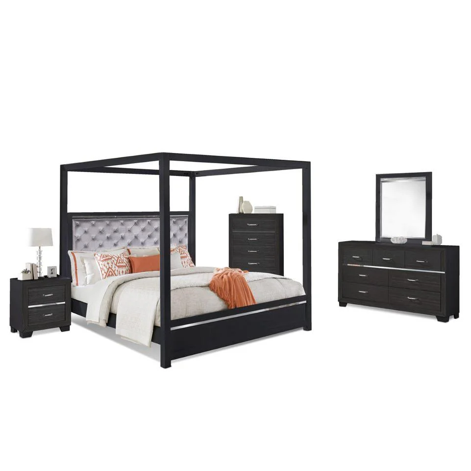 Pendry Studio Canopy Velvet tufted with LED Lighting 5pc Queen Bedroom Set