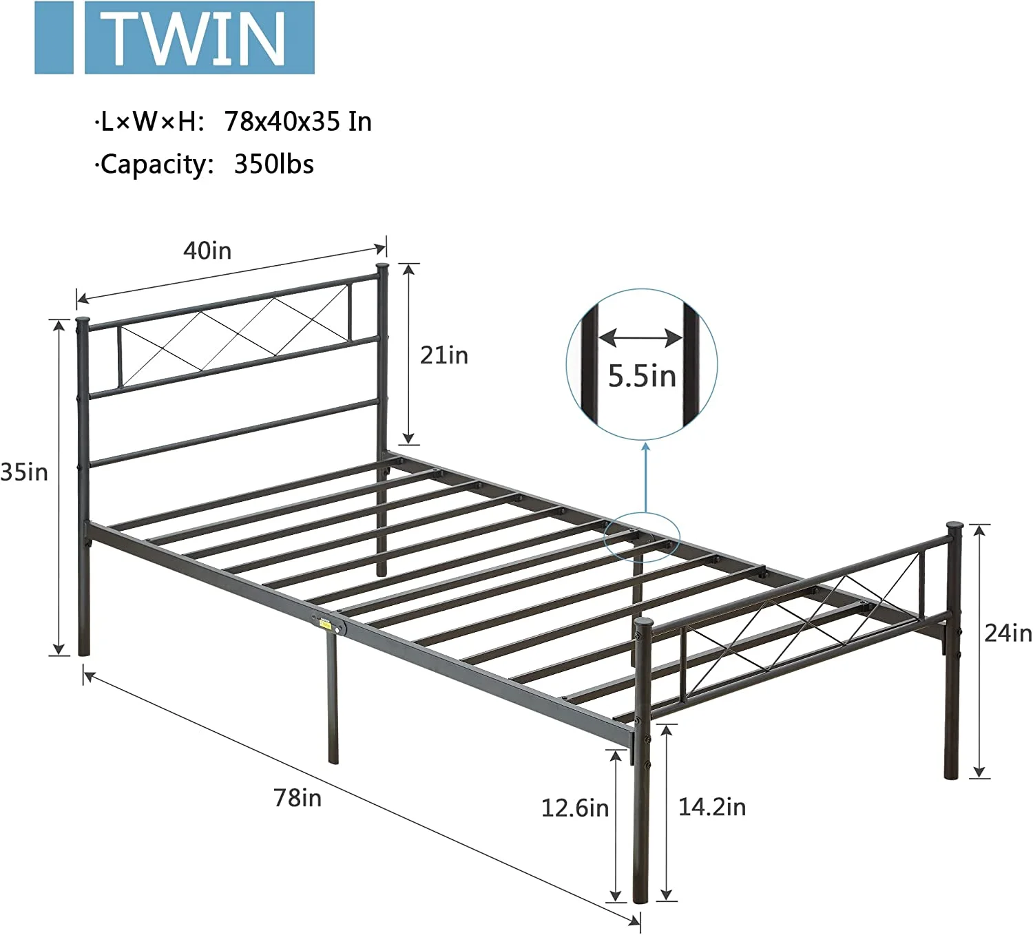 WAGEE Metal Twin Size Bed Frame with Headboard and Footboard, Iron Mattress Foundation No Box Spring Needed, Heavy Duty/Easy Set Up, 2 PCS, Black