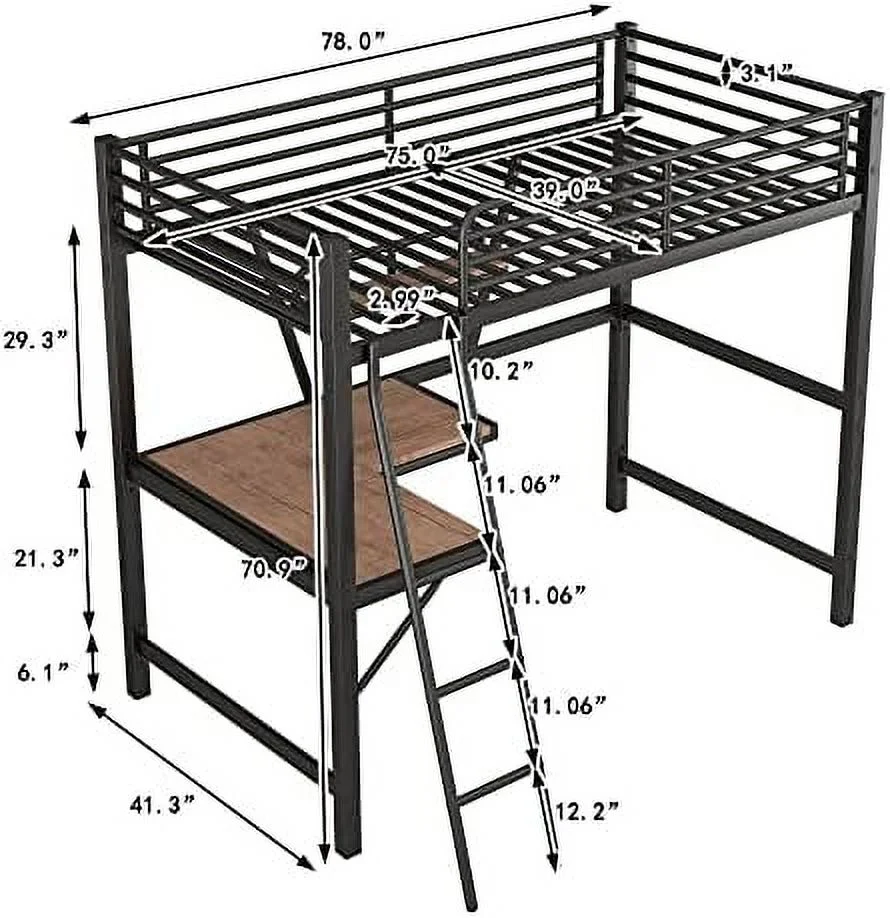 xrboomlife Twin Size Loft Metal Bed with Desk and Shelves Metal Slats Support Loft Bed with Ladders & Guardrails  Space-Saving Twin Loft Bed Frame for Teens & Adults  No Box Sprin