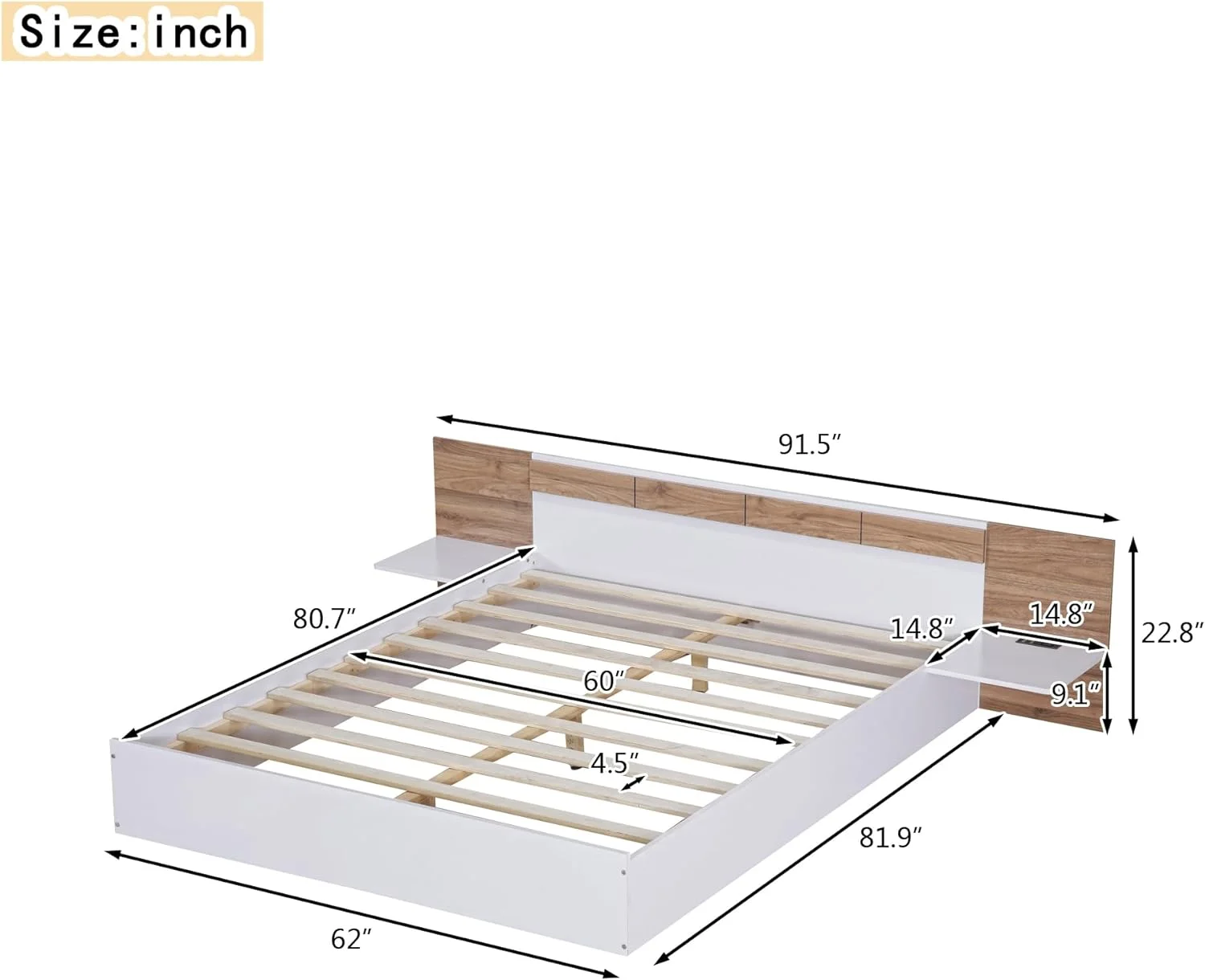 Queen Size Platform Bed with Headboard, Shelves, USB Ports and Sockets