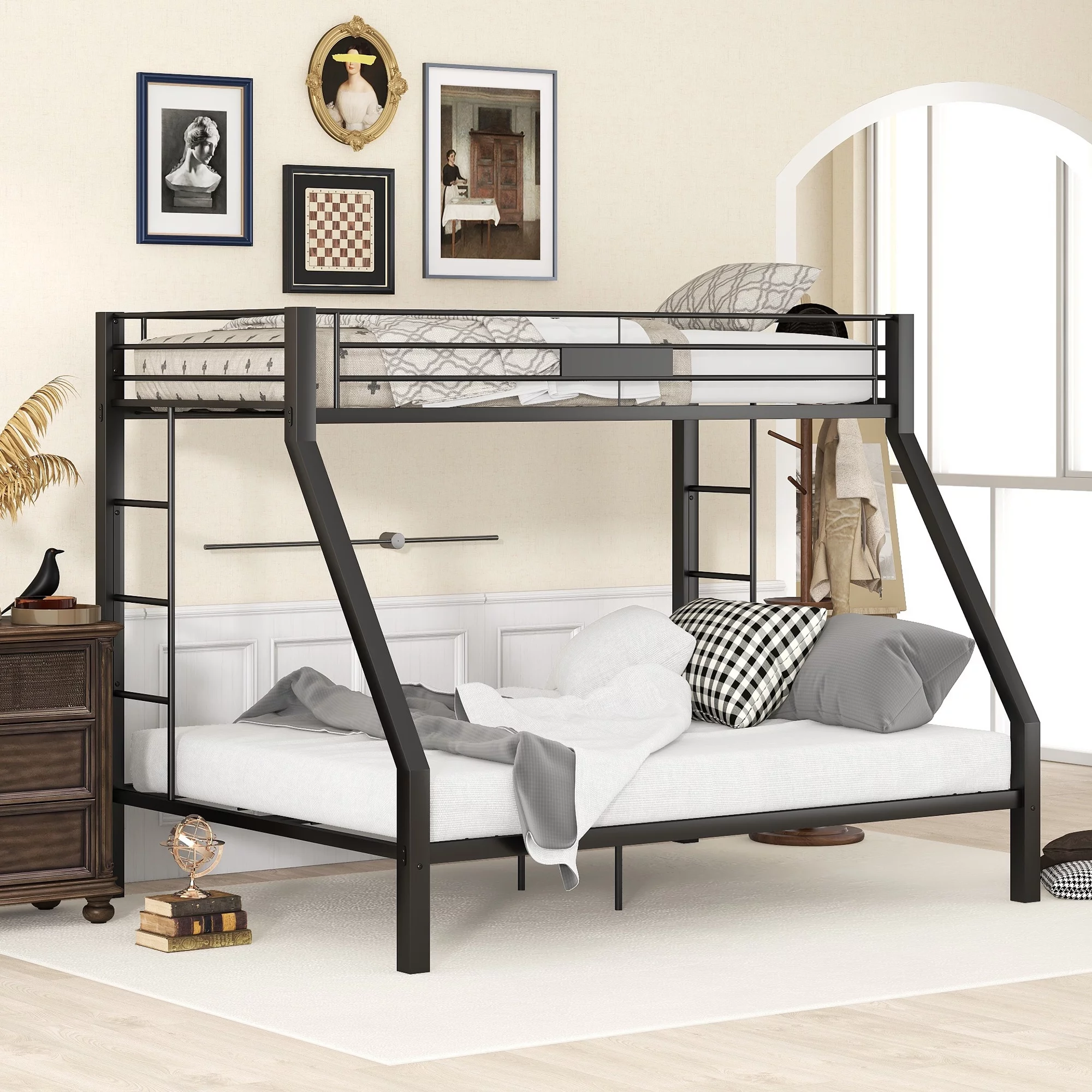 Metal Twin XL over Queen Bunk Bed with Two Side Ladders for Kids, Teens, Adults in Bedroom, Apartment, Dormitory (Black)