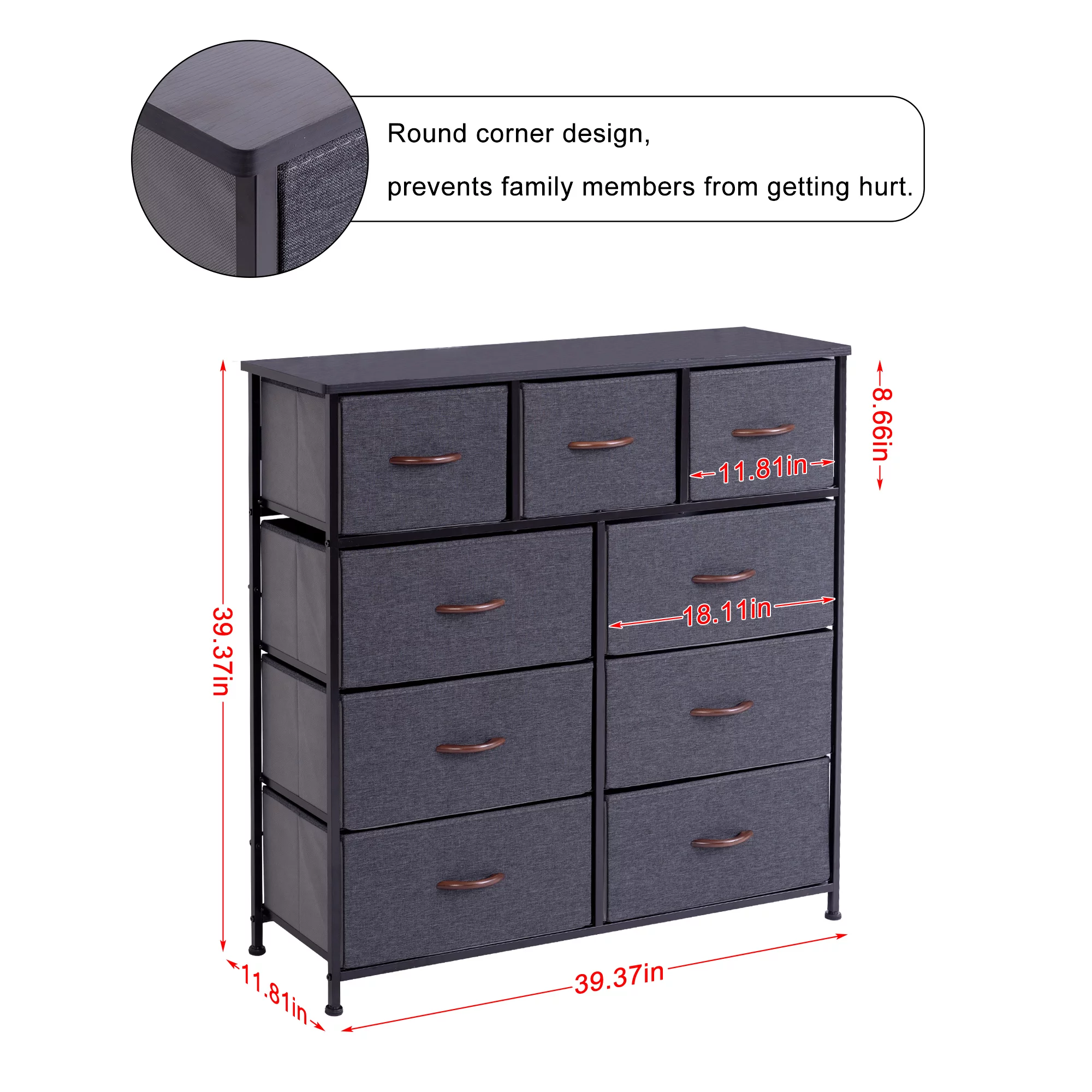 WAYTRIM Modern Dresser and Chest of 9 Drawers Storage Tower Steel Frame Closet Fabric Cabinet Organizer in Home for Bedroom Brown