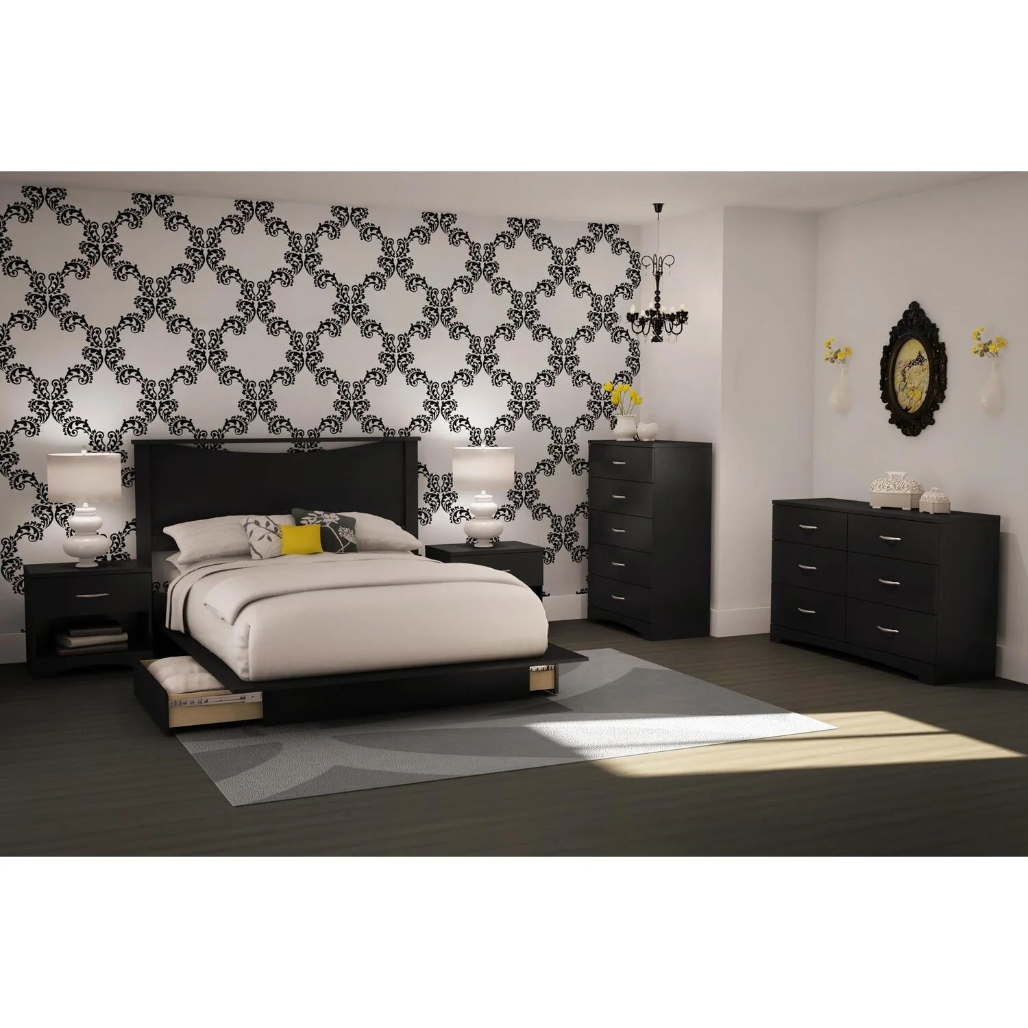 Step One Queen Platform 6 Piece Bedroom Set in Pure Black