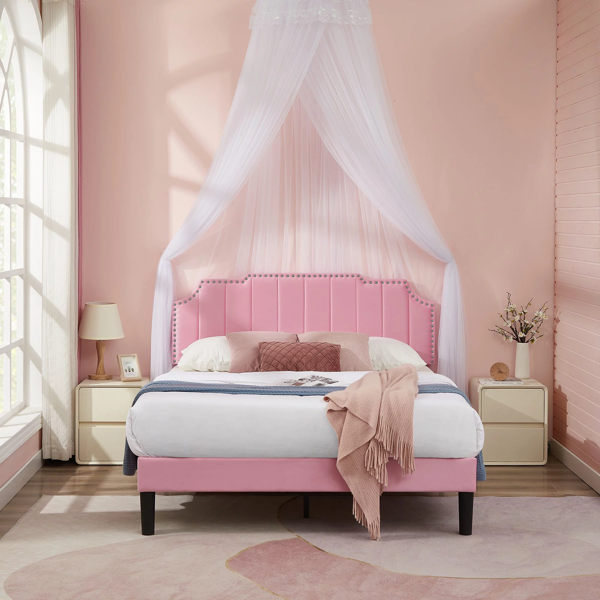 Taomika, Full Size Upholstered Platform Bed Frame with Nailhead Trim Adjustable Height Headboard and Wood Slats-Pink