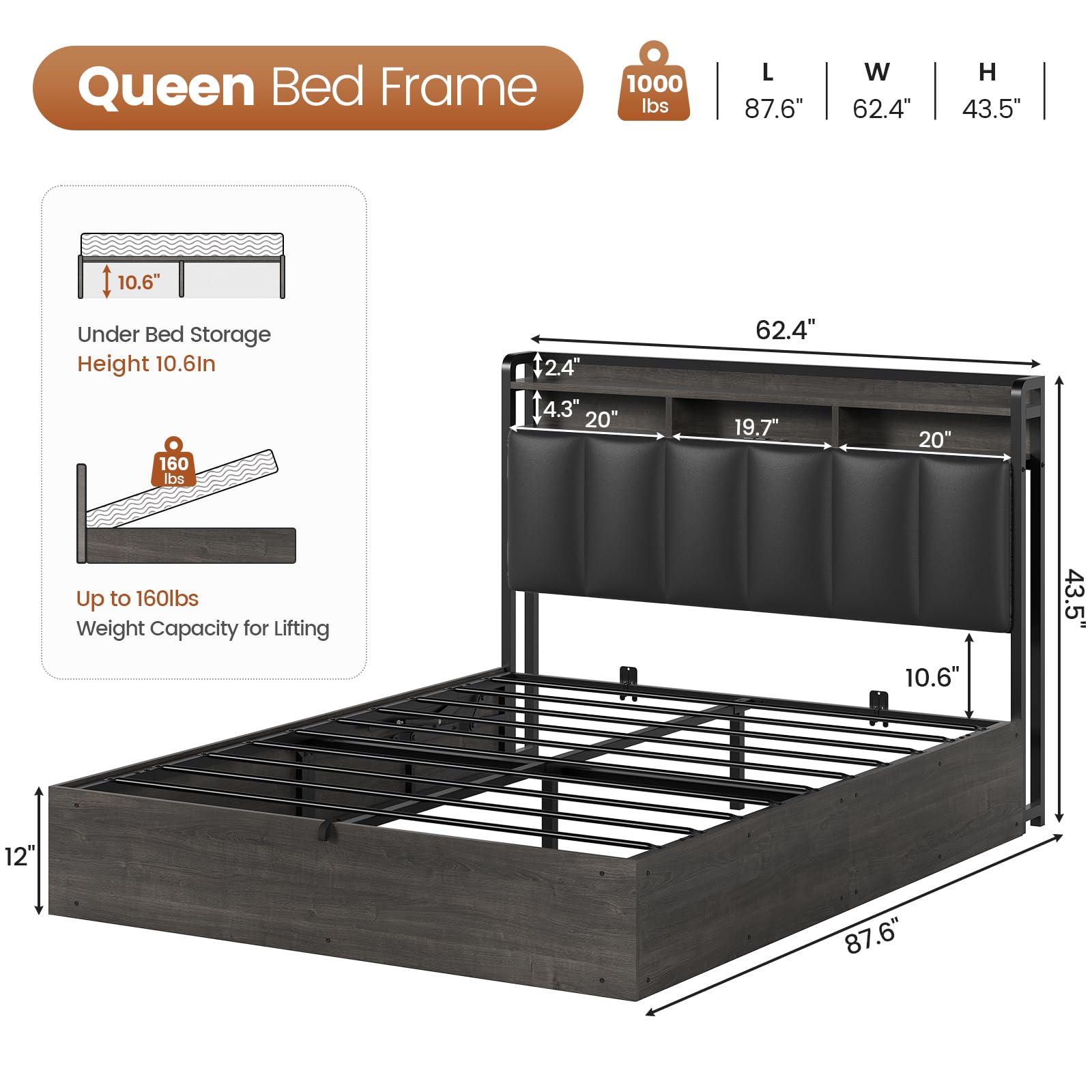 Queen Size LED Bed Frame with Lift Up Storage and Charging Station, Storage Headboard, No Box Spring Needed, Black