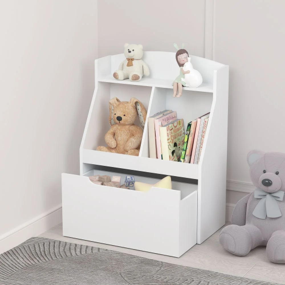 Kids Bookshelf Children's Book Display Wooden Bookcase Toy Storage Cabinet Organizer with Drawer and Wheels