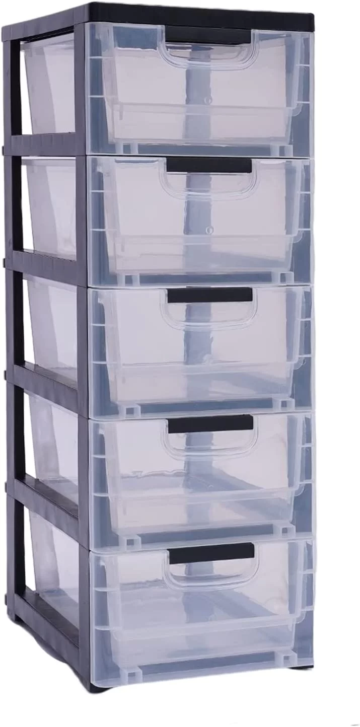 MONIPA Plastic Drawers Storage Cabinet with 5 Drawers Modern Transparent Organizer for Bedroom Playroom for Storing Clothes Towels Toys