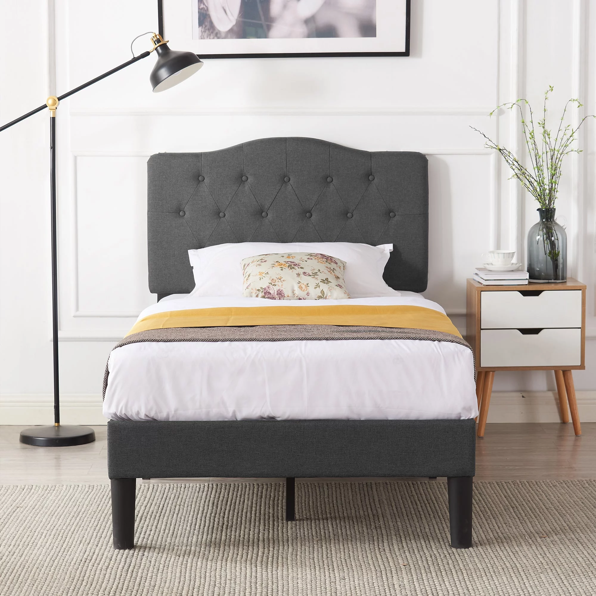 VECELO 3-Piece Bedroom Sets with Twin Upholstered Bed Frame and 2 Brown Nightstands