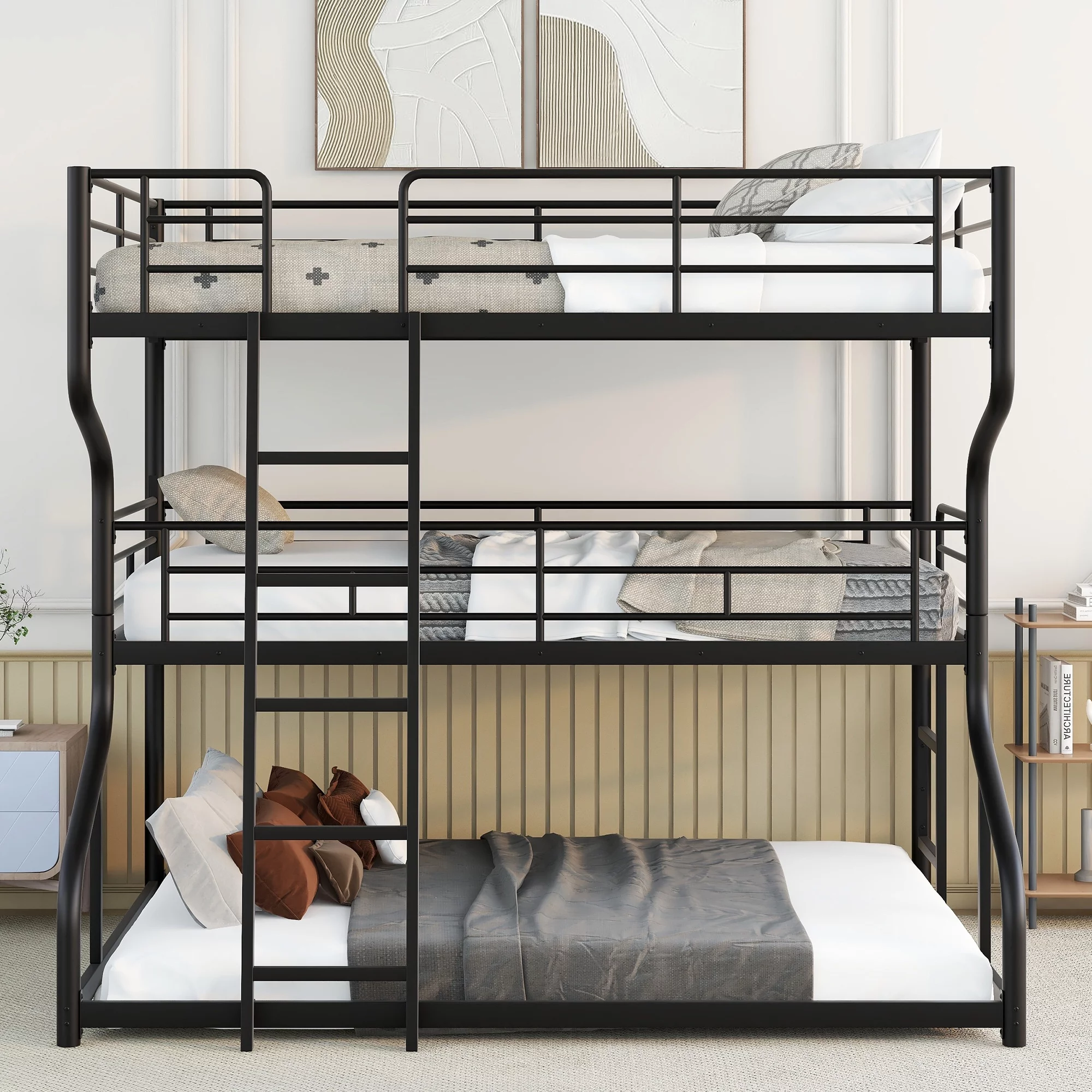 Euroco Solid Metal Bed, Full XL over Twin XL over Queen Size Triple Bunk Bed for Kids’ Room, Three Beds for Both Kids and Adults, Black