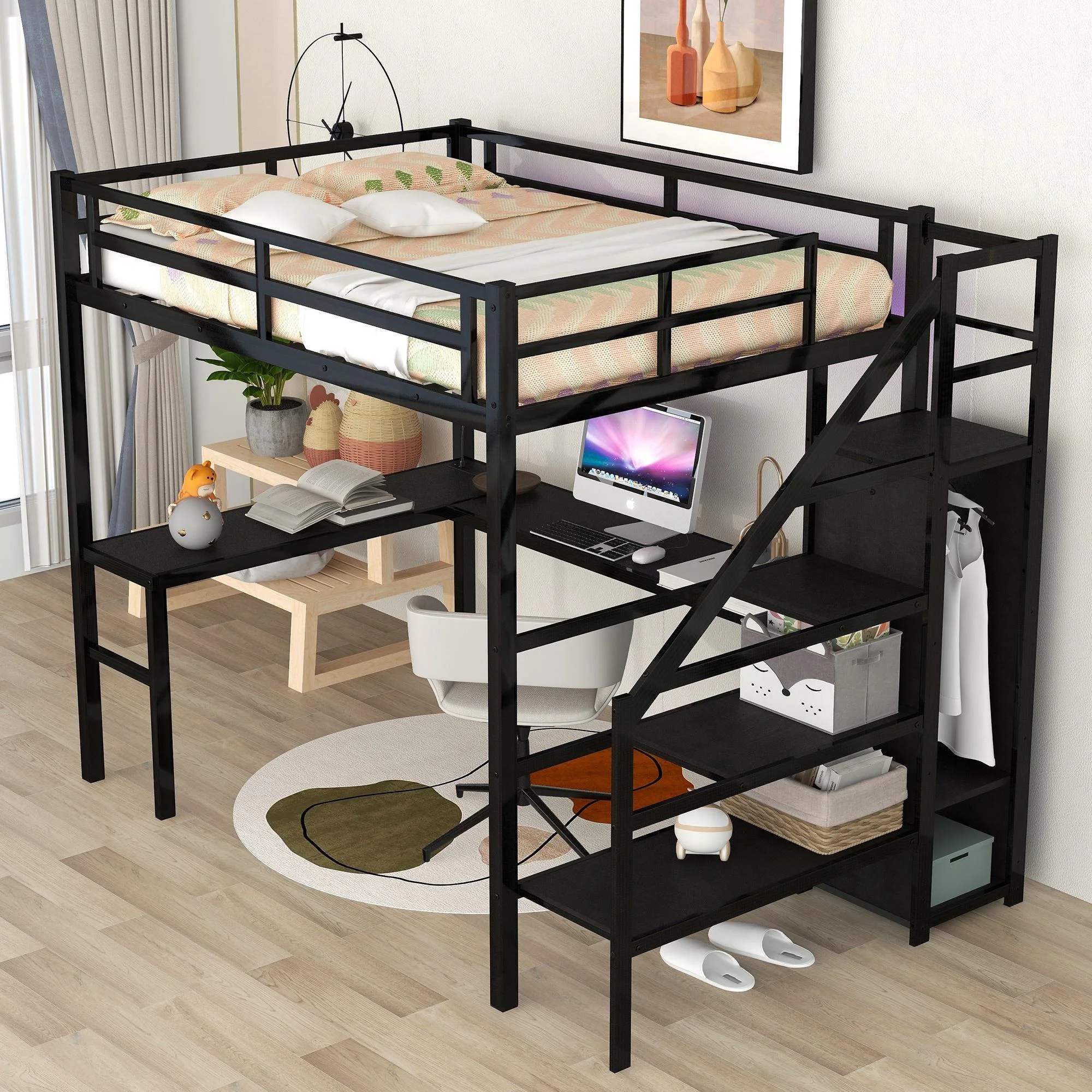 Full Size Loft Bed with Desk and Stairs, Metal Loft Bed Frame with Wardrobe and USB Charging Station, High Loft Bed with LED Light for Kids Teens Adults-Black