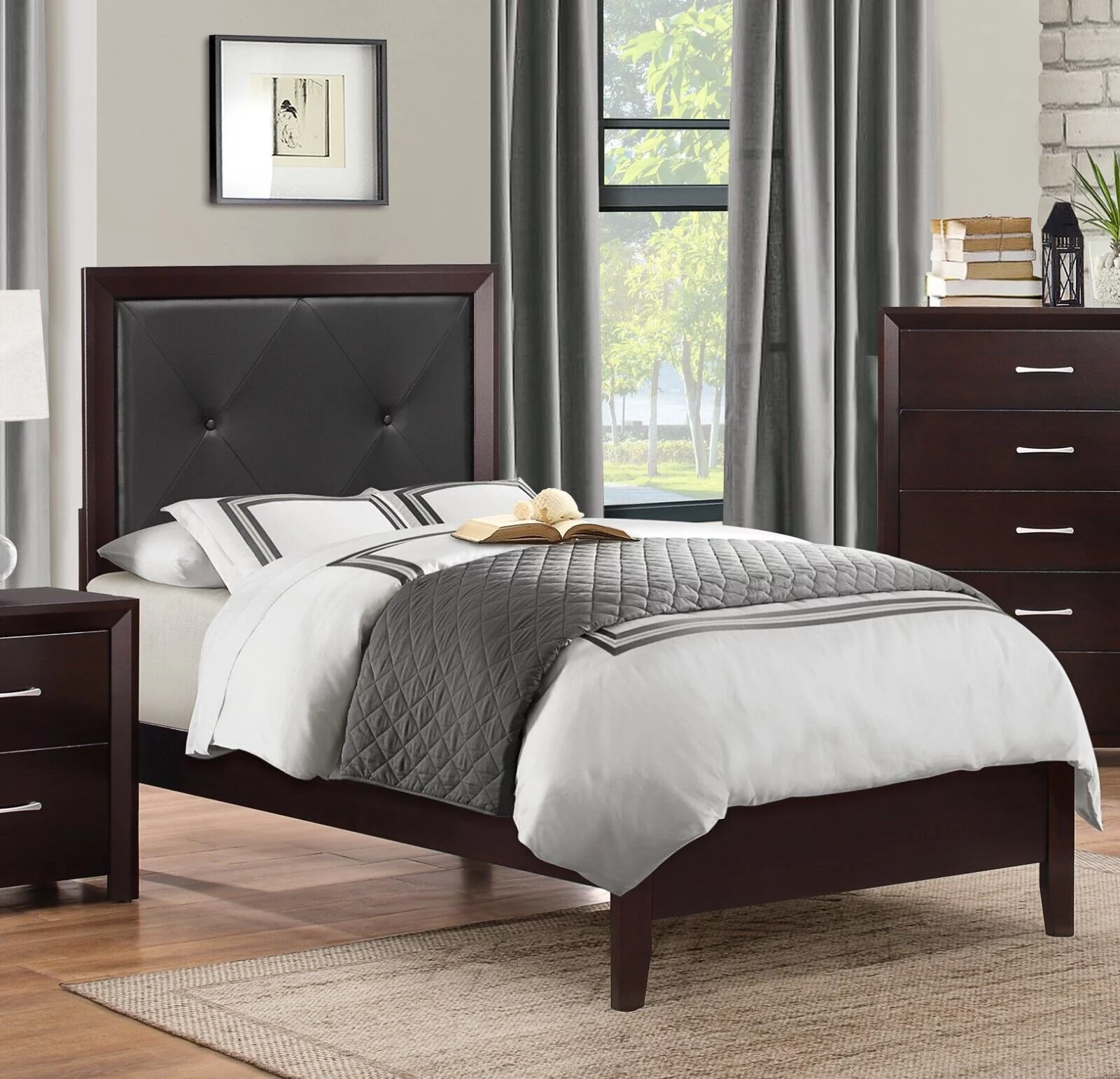 Espresso Finish Twin Size Bed 1pc Faux Leather Upholstered Button-Tufted Headboard Modern Furniture