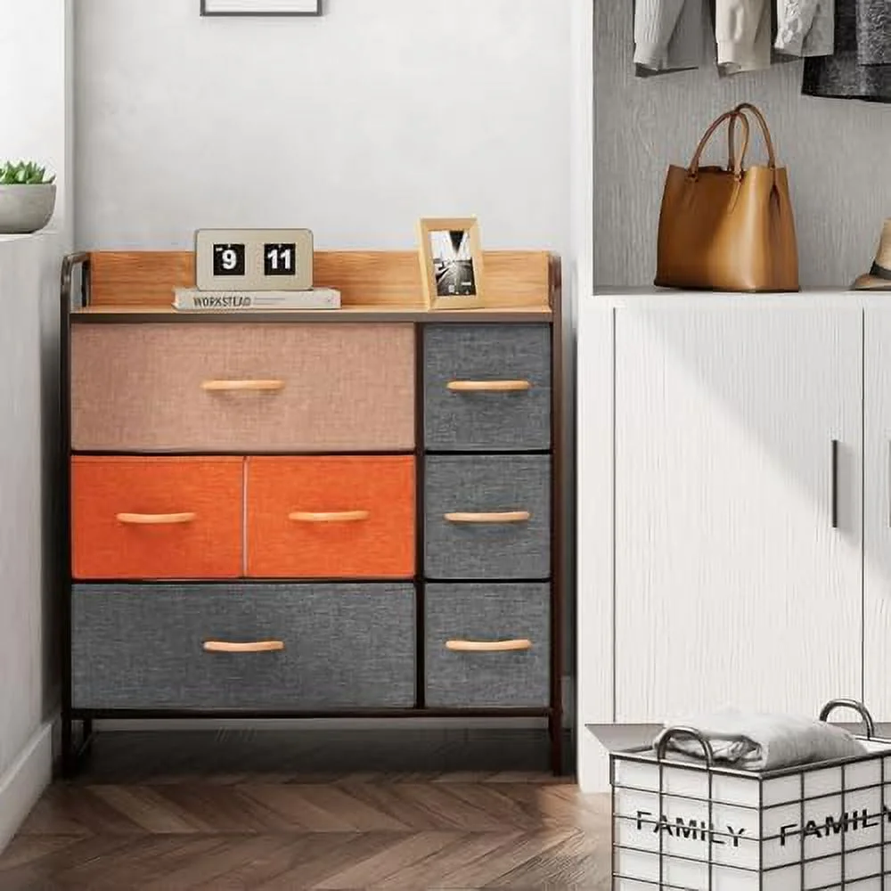 NLIBOOMLife Dresser Drawer Organizer Fabric Dresser for Bedroom Living Room Entryway Closets\u2013 Easy Pull Fabric Bins & Wood Top(Mixed Color)