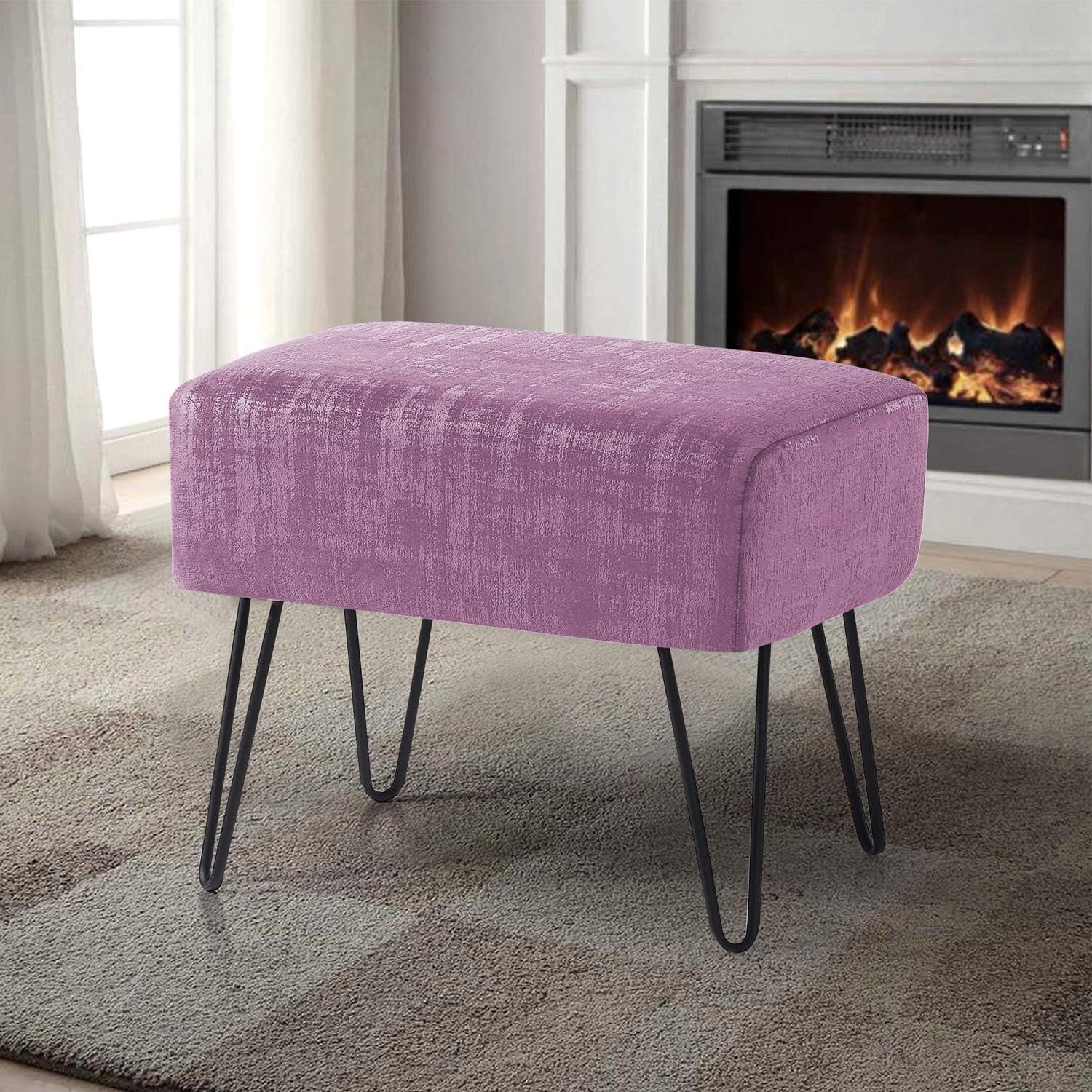 Purple Textured Velvet Ottoman, Mauve s, 19'' X 13'' X 17'' H, Fuzzy Entry Way Ottoman Bench Living Room Bedroom End Of Bed Decorative Makeup Stool Foot Rest Chair Home Décor