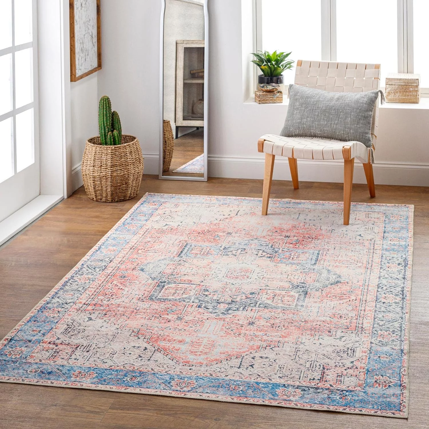 Washable Rugs, 5X7 Sunman Traditional Cider Area Rug, Blue Orange Grey Carpet For Living Room, Bedroom Or Kitchen (5' X 7'6
