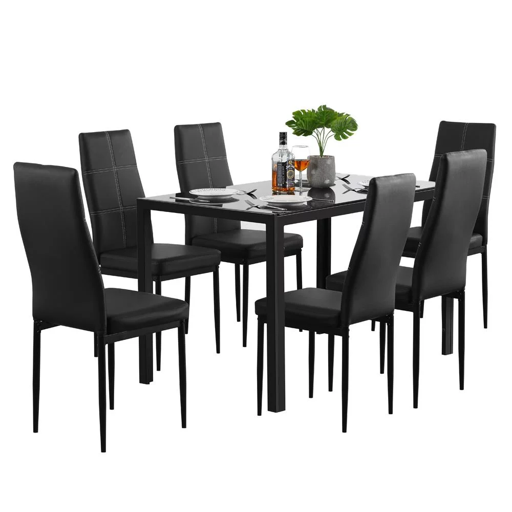 Ktaxon Home 7 Piece Dining Set Glass Metal Table and 6 Chairs Kitchen Room Furniture,Black