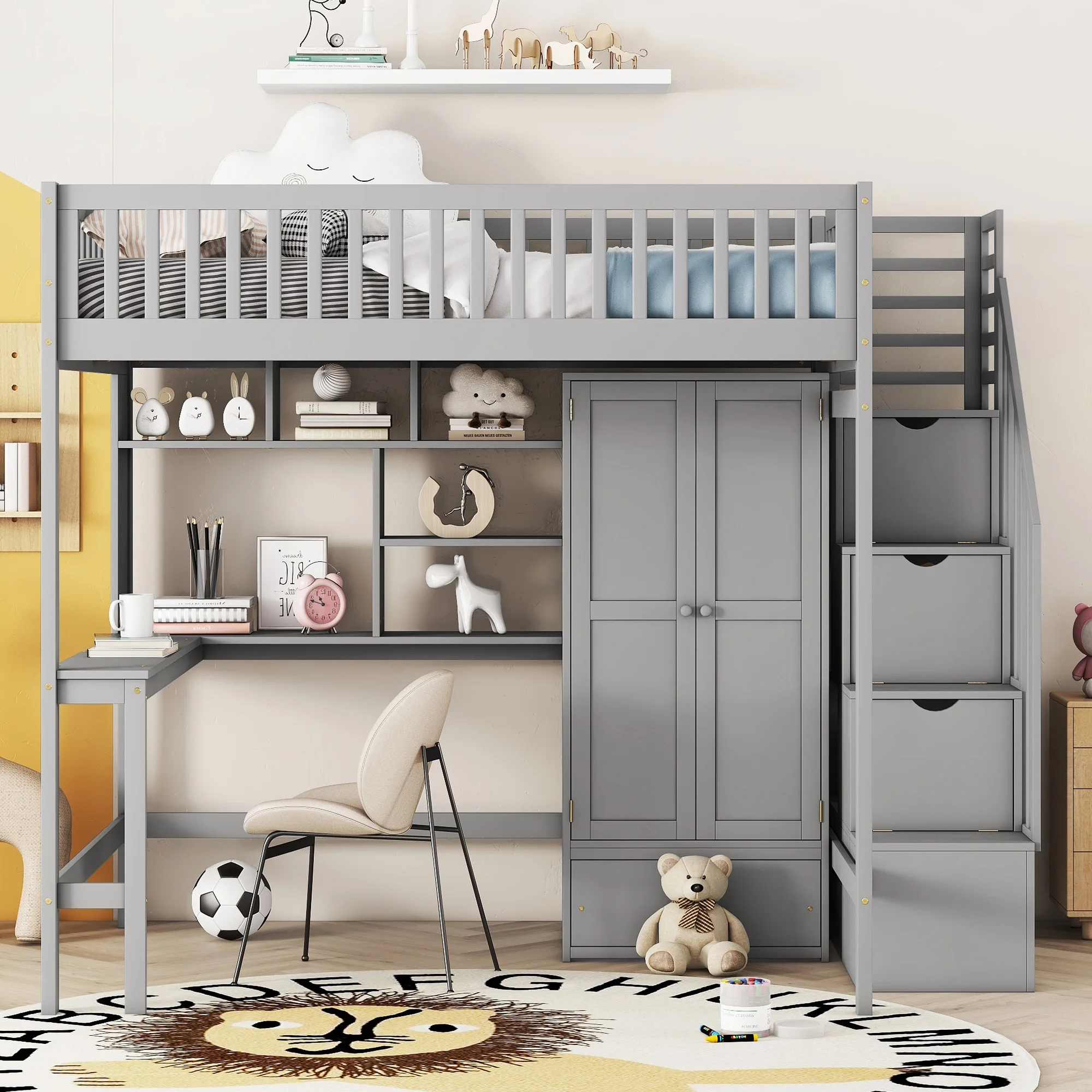Bellemave Full Size Loft Bed with Stairs and Wardrobe, Wood Loft Beds Frame with Desk and Storage Drawers, Stairway Loft Bed for Kids, Teens & Adults(Gray)