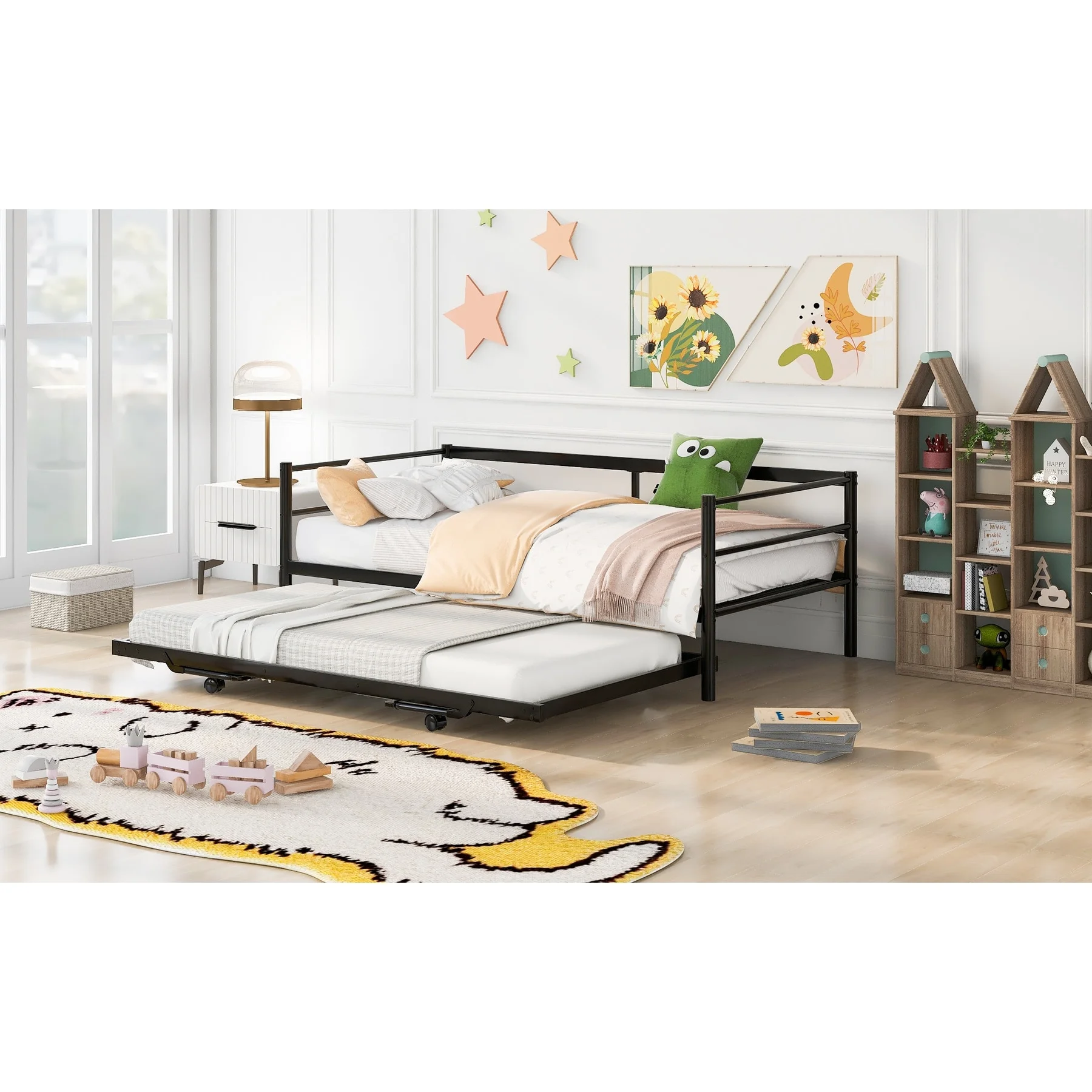 Industrial Twin Size Metal Daybed with Adjustable Pop Up Trundle Black - Twin