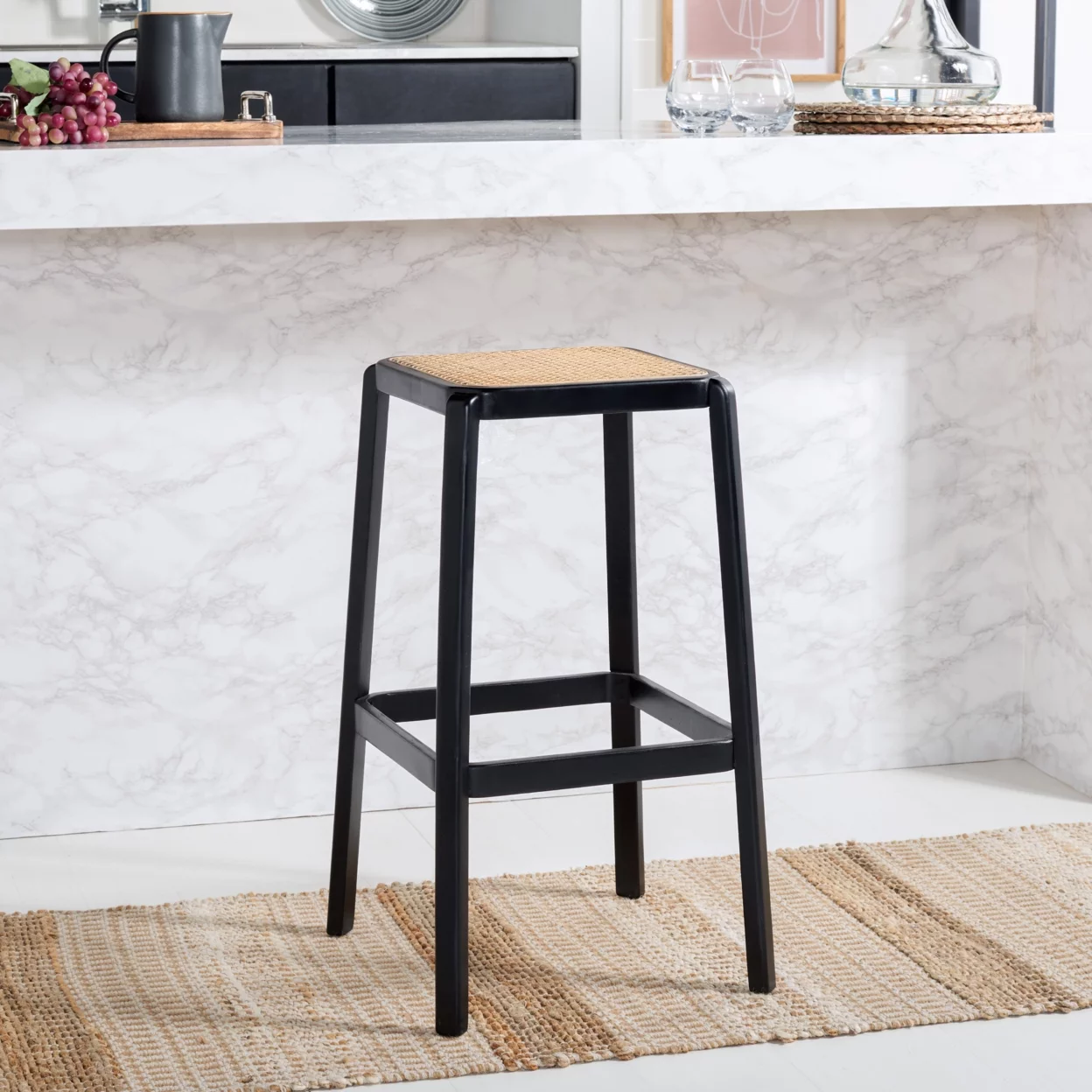 SAFAVIEH Silus Backless Cane Bar Stool Black/ Natural