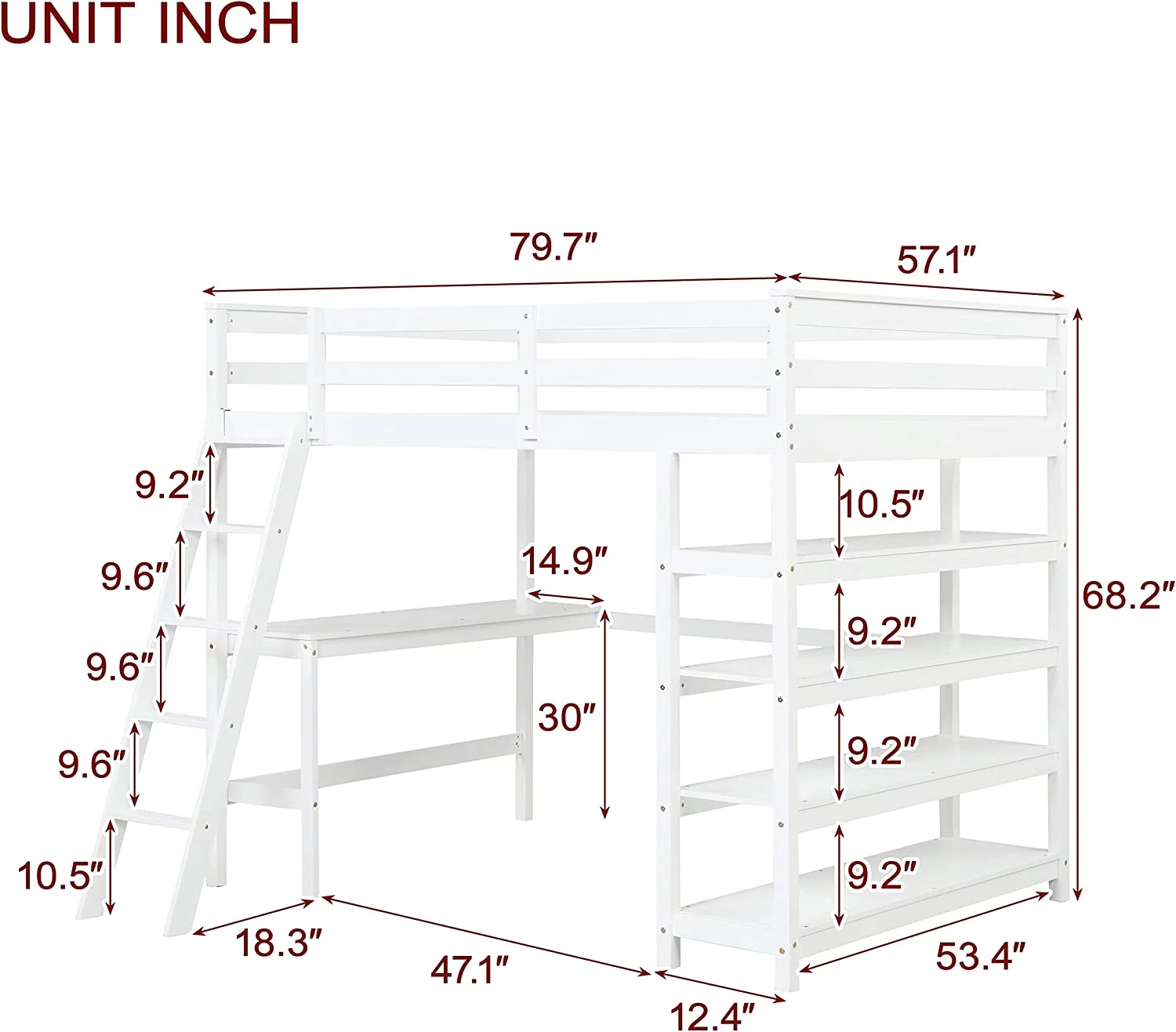 Size Loft Bed With Desk And Storage Shelves, Loft Bed With Ladder And Guard Rail, Wooden High Loft Bed Frame For Kids, Teens, Adults (, White)