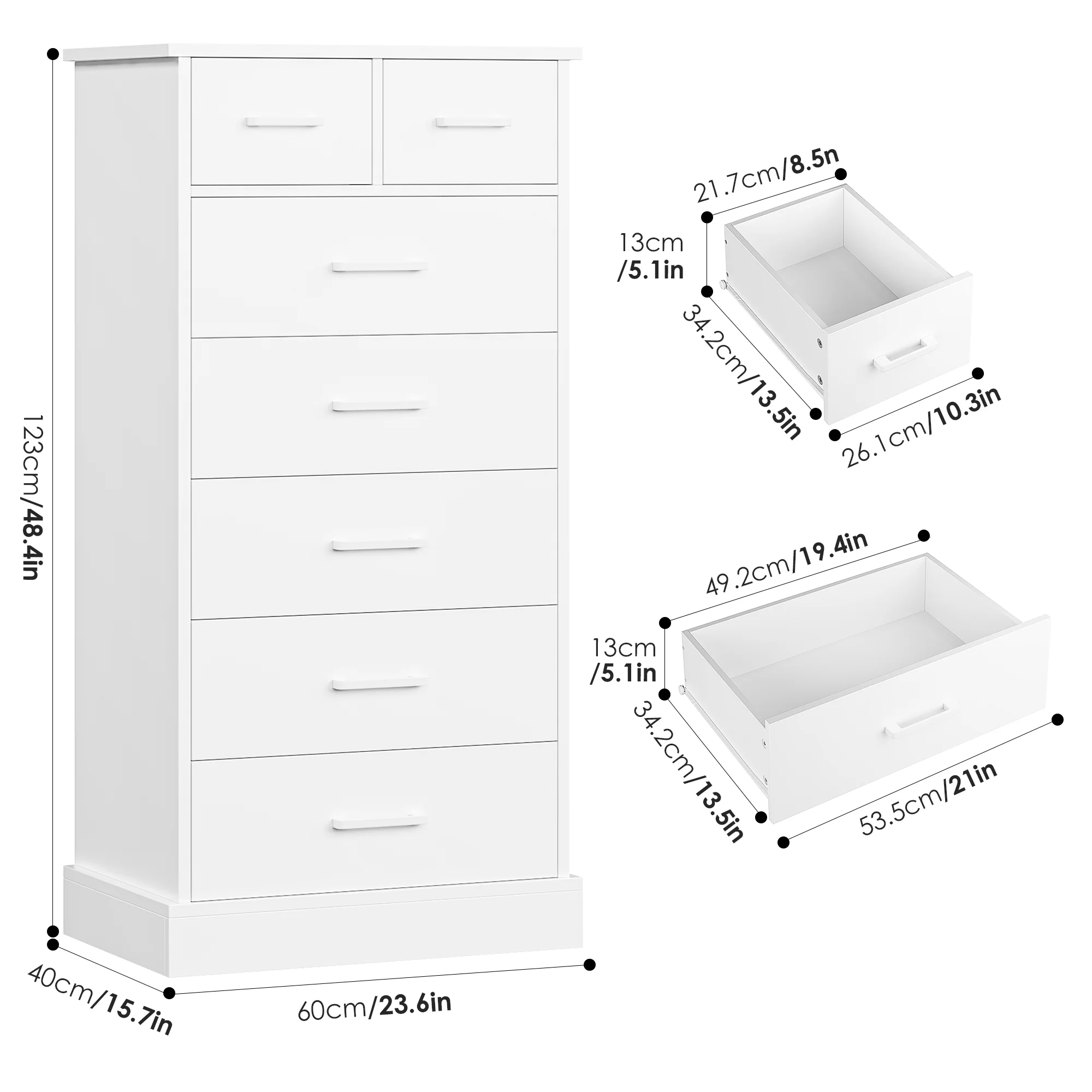 Homfa 7 Drawers White Dresser, Modern Vertical Combo Dresser Nightstand for Bedroom, Wood Chest of Drawers for Living Room