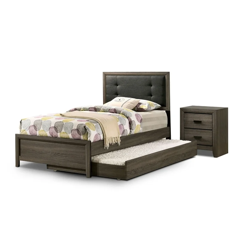 FOA Livorn 3-Piece Gray Wood Bedroom Set - Twin + Nightstand + Trundle