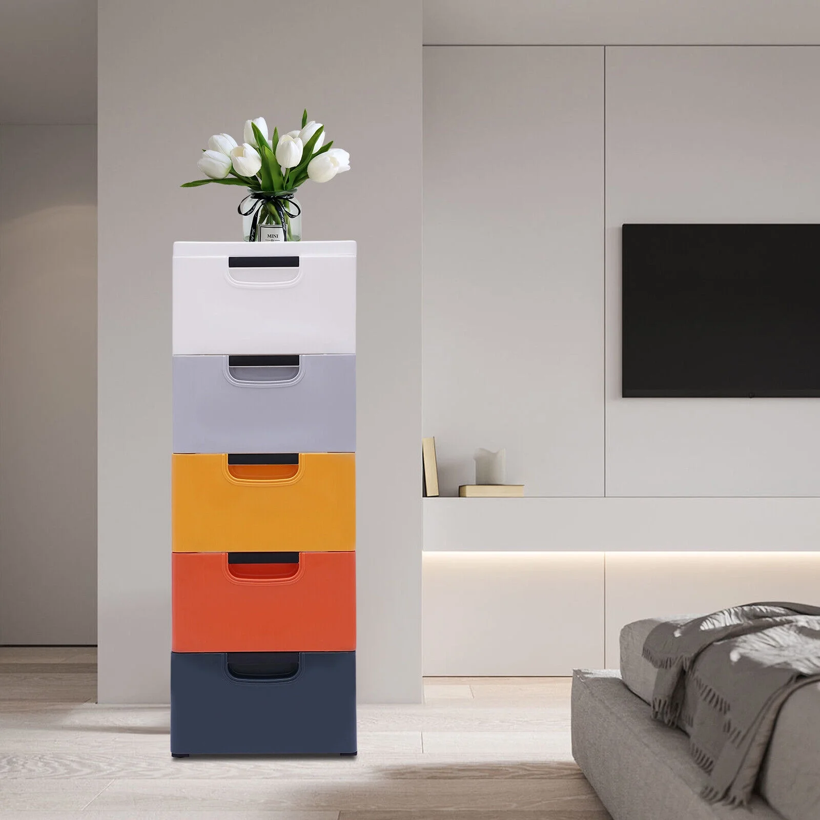 ZhdnBhnos 5 Drawers Stackable Clothes Storage Box Vertical Multi-purpose Organizer Storage Closet Cabinet Cases with 4 Wheels Morandi Color