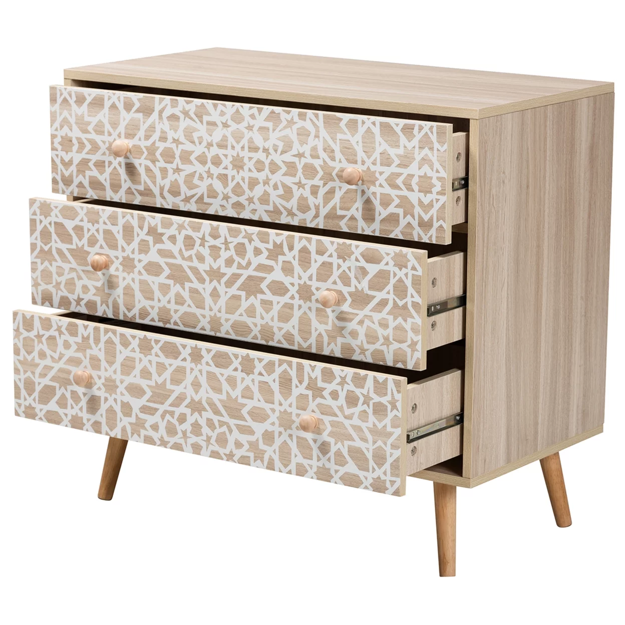 Baxton Studio Beau Mid-Century Modern Transitional Two-Tone White and Oak Brown Finished Wood 3-Drawer Storage Cabinet