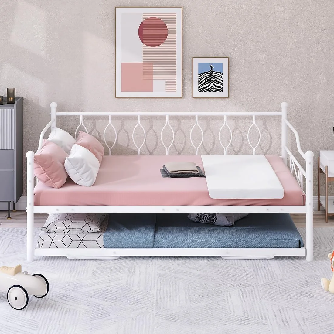 Full Size Daybed with Trundle Heavy-Duty Metal Day Bed Frame Portable Folding Trundle with Twin Size Adjustable Trundle Beds for Living Room Bedroom Kids Teens Adults (White)