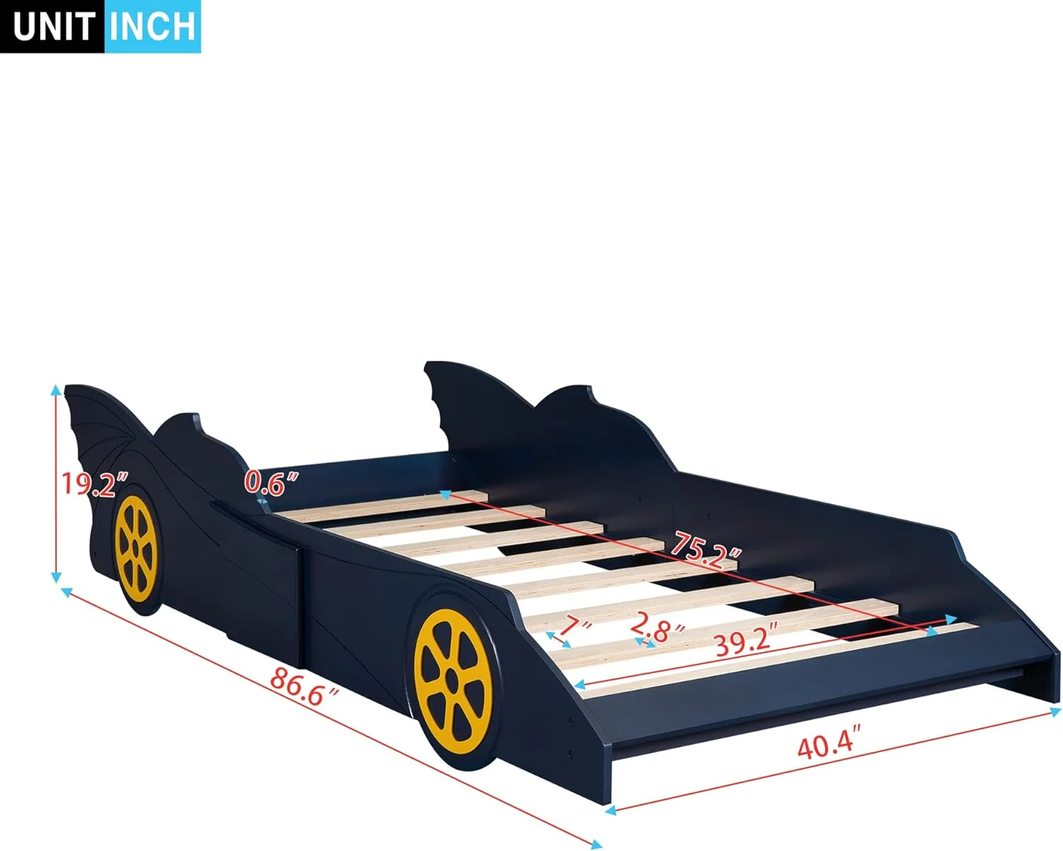 Size Race Car Bed With Wheels, Wood Platform Bed Frame With Support Slats, Floor Bed In Race Car-Shaped For Kids Boys Girls Teens, Blue+Yellow