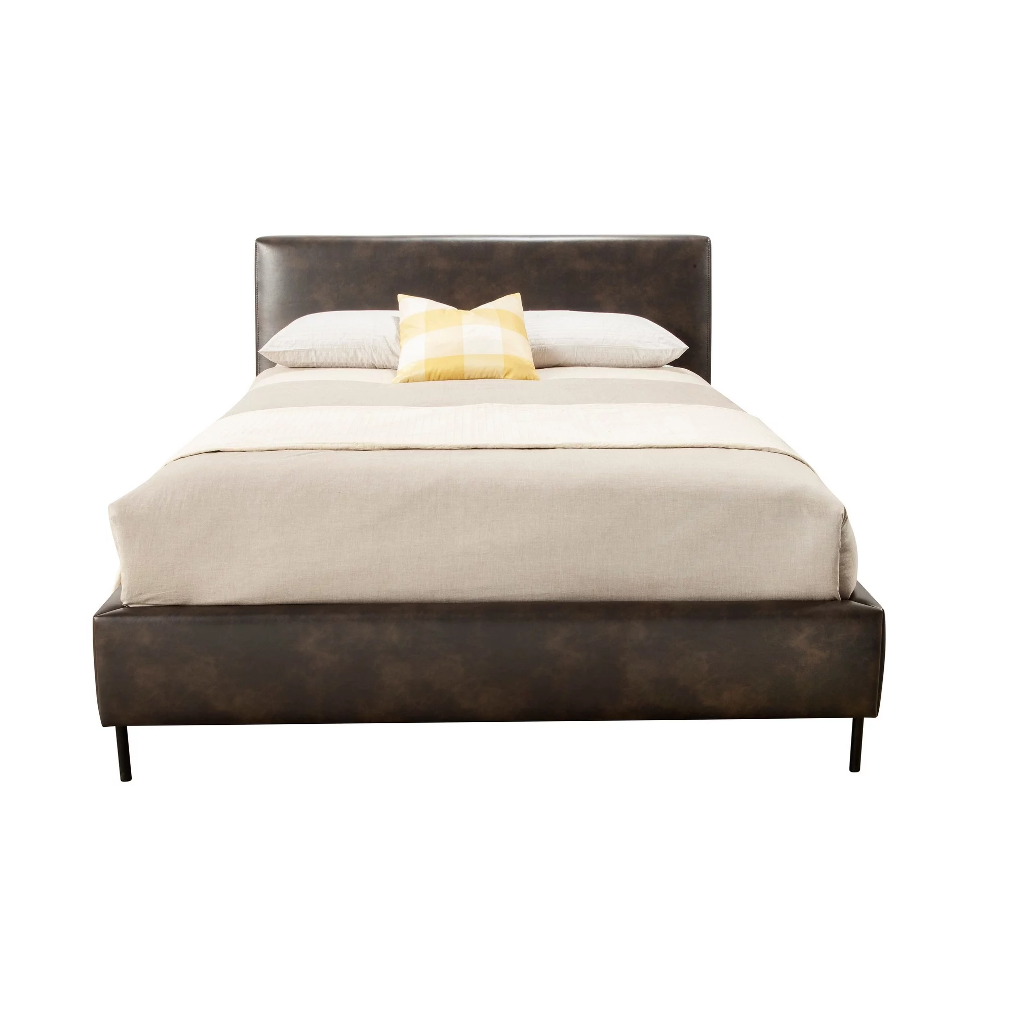 Faux Leather Upholstered Queen Bed with Metal Legs, Gray- Saltoro Sherpi