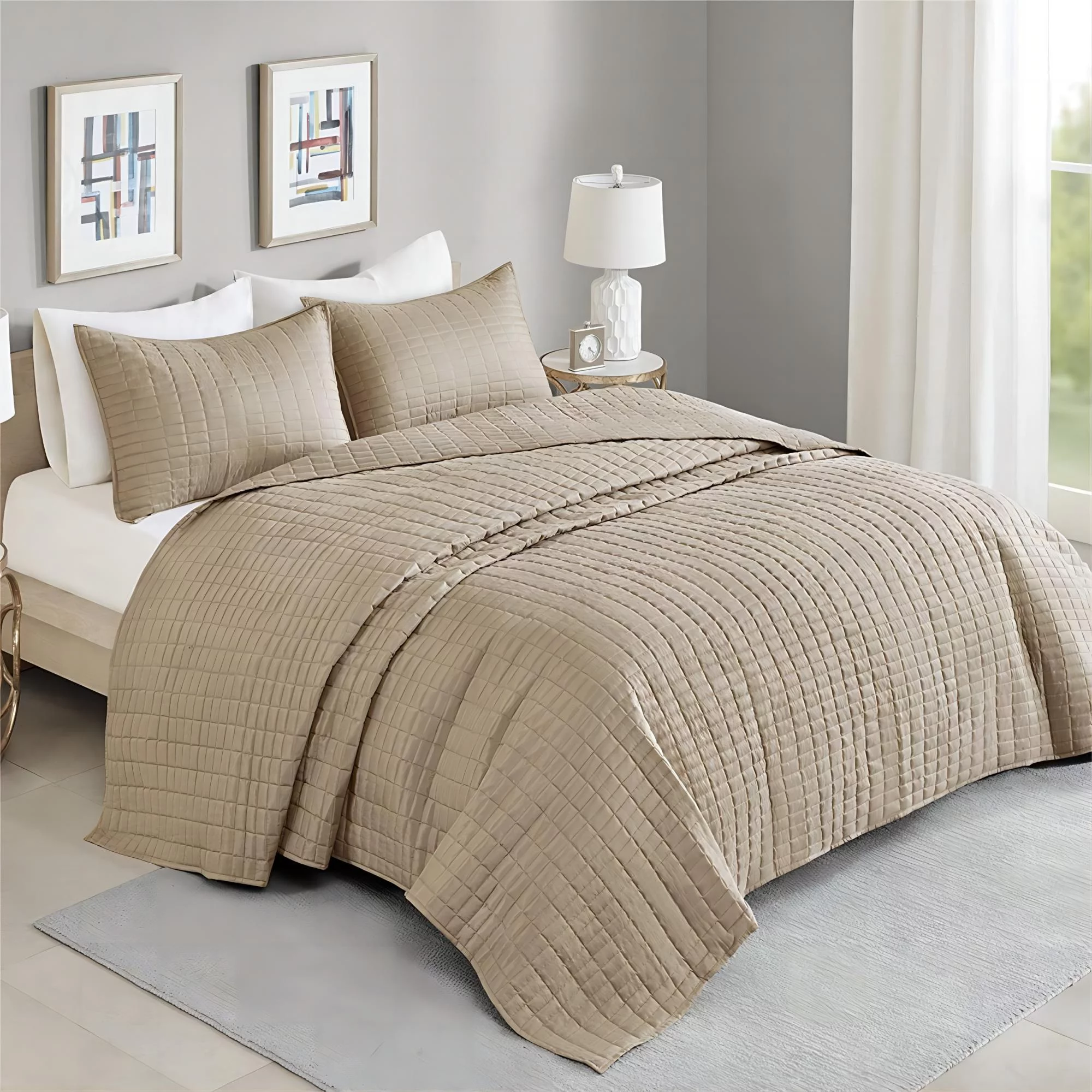 Comfort Spaces Oversized King Bedspread Set 3-Pieces Double Sided Stitching Lightweight Summer Quilt, Taupe (120