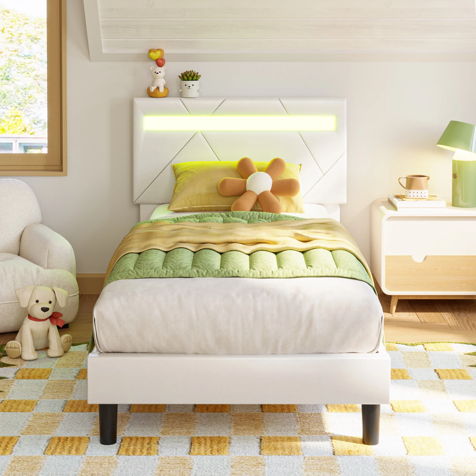 LIKIMIO Twin Bed Frame with Adjustable Upholstered Headboard and LED Lights, No Box Spring Needed