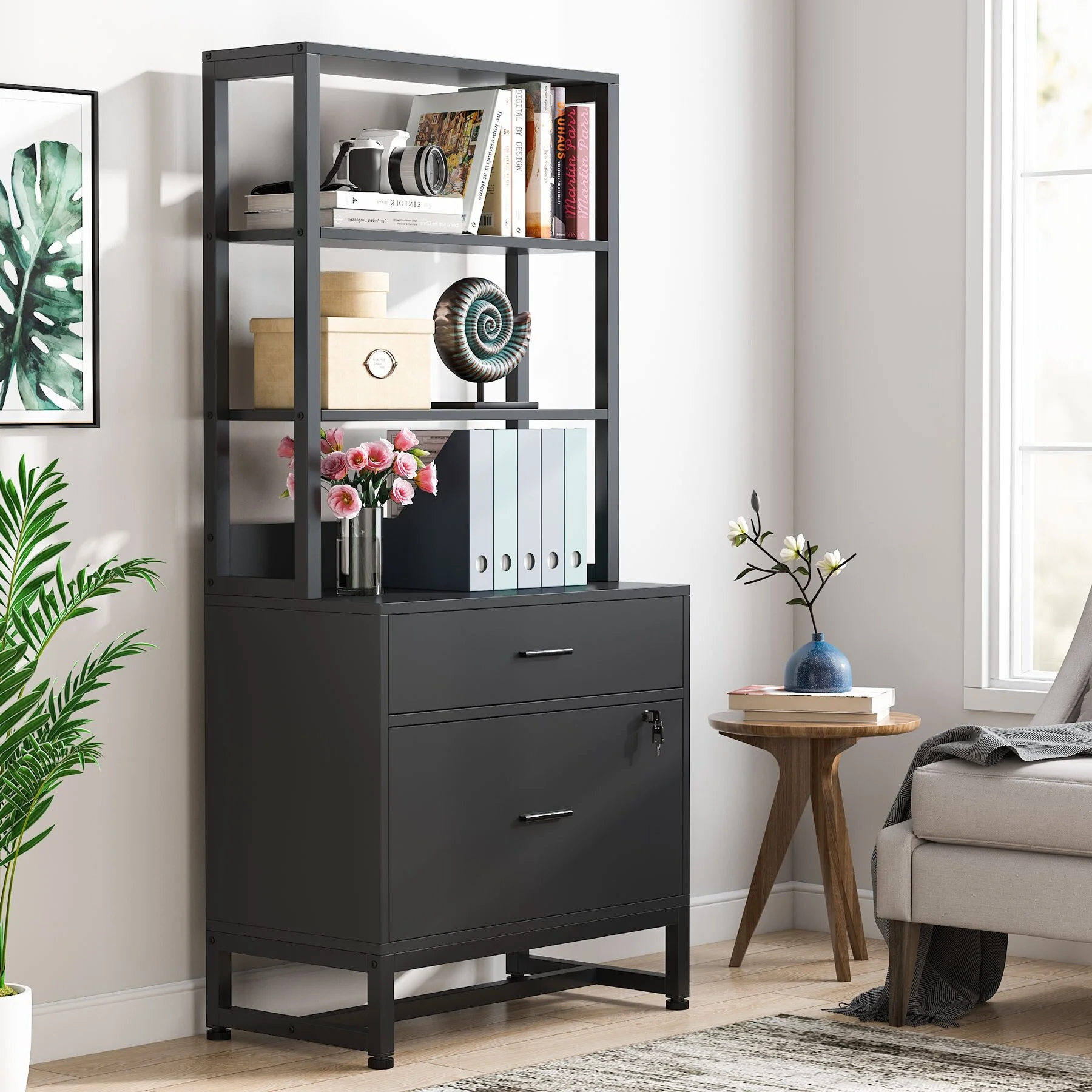 Brown/ Black Wood Industrail File Cabinet with Lock, Mdern Bookshelf with 2 Drawers, Etagere Bookcase Black
