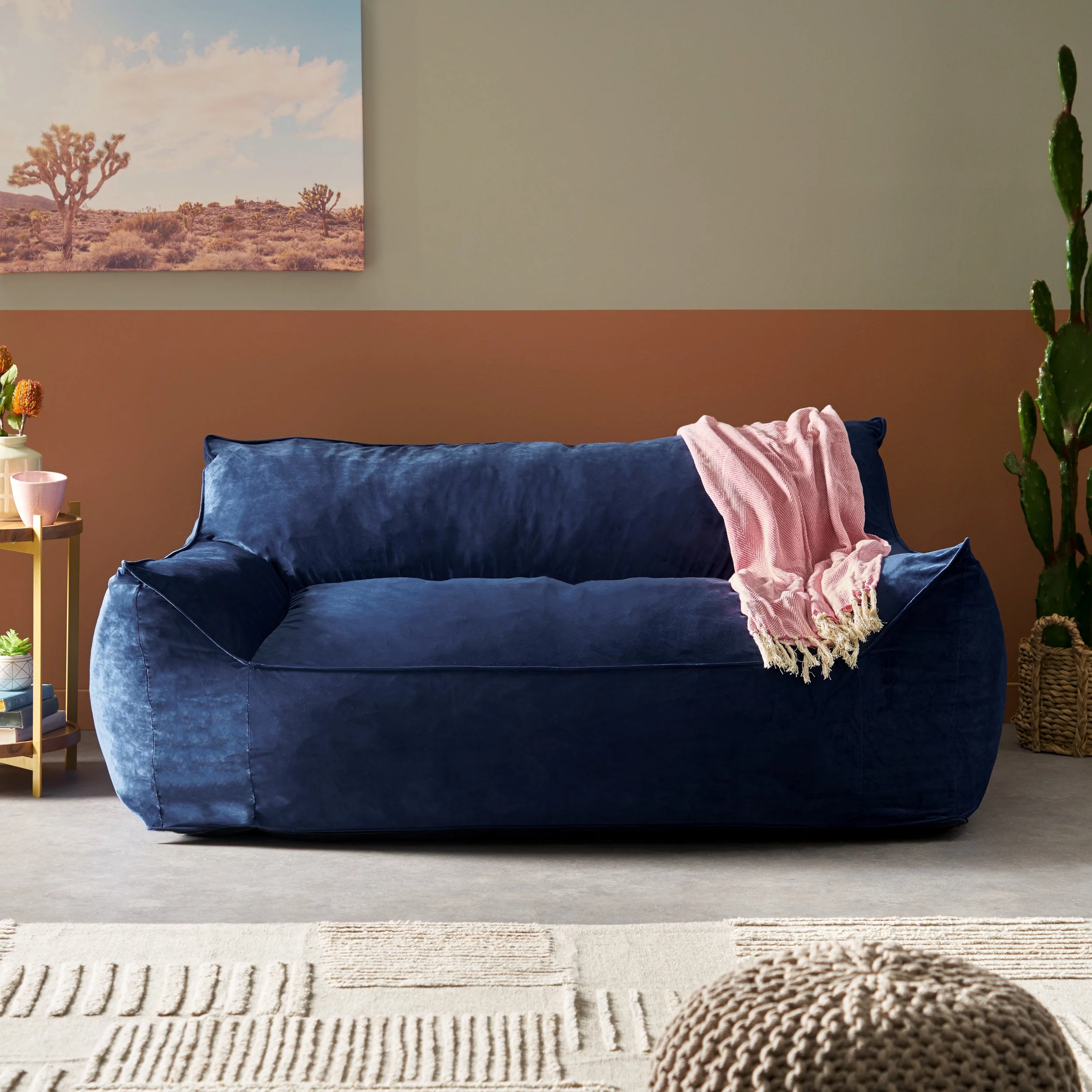 GDF Studio Calef Modern Velveteen 2 Seater Oversized Bean Bag Chair with Armrests, Royal Blue