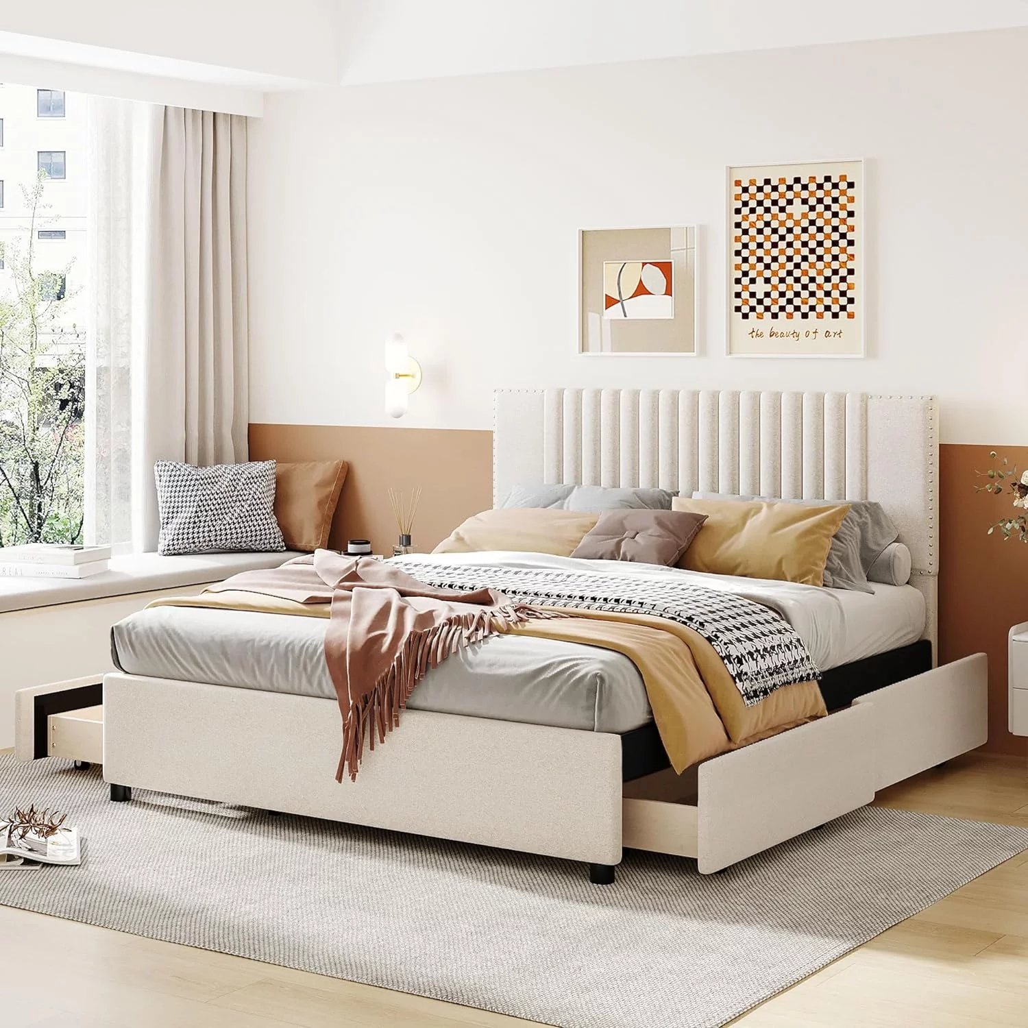 Lie Upholsered Quee Size Plaform Bed Wih Headboard Ad 4 Sorage Drawers,Woode Quee Plaform Bed Frame For Bedroom,Beige