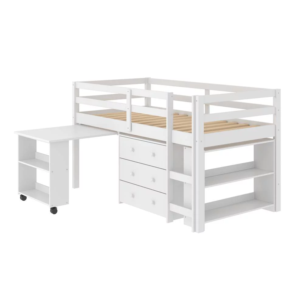 Belen Kox, Twin Low Loft Includes Desk, Chest & Bookcase, White