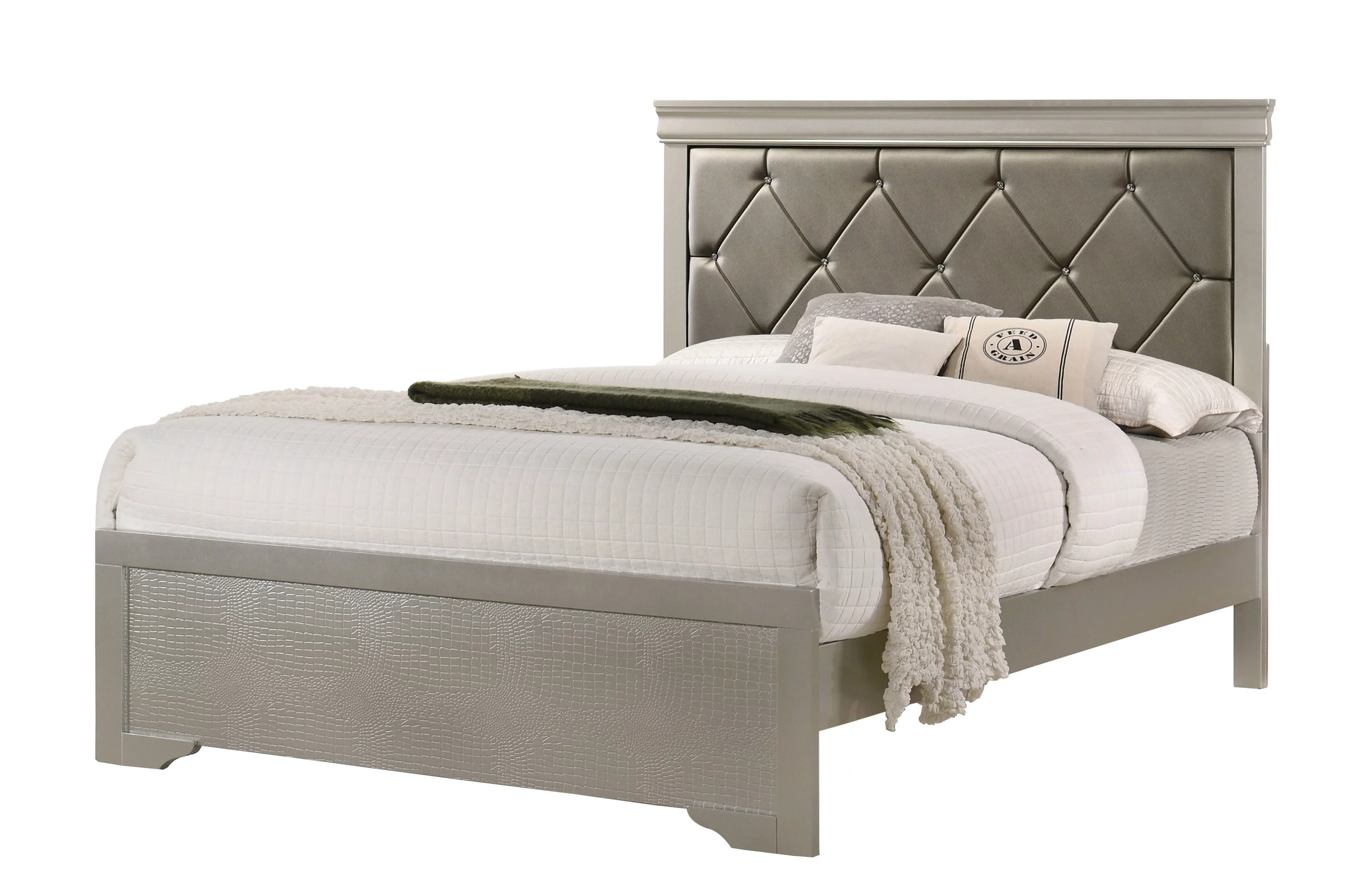 6pc Silver Finish Queen Size Upholstered Button Tufted Bed Storage Wood Furniture Bedroom Set